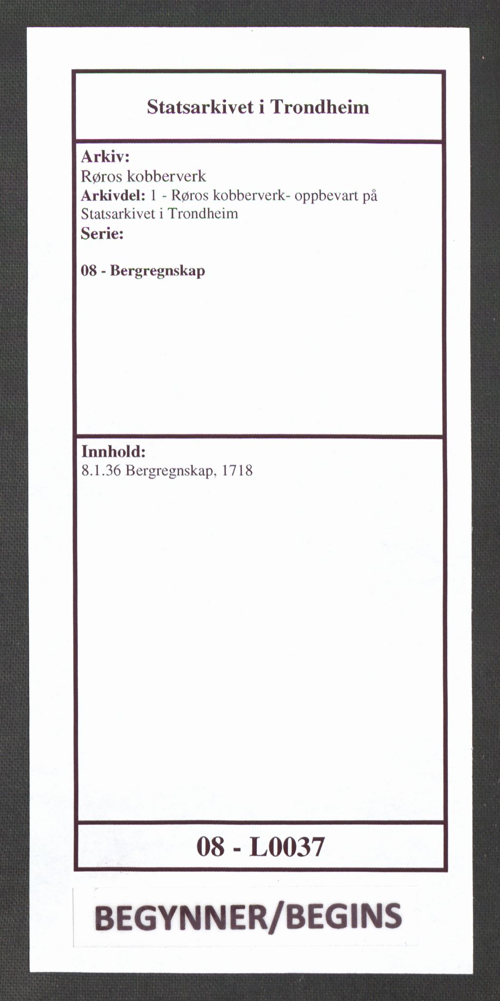 Røros kobberverk, SAT/PA-0211/1/08/L0037: 8.1.36 Bergregnskap, 1718