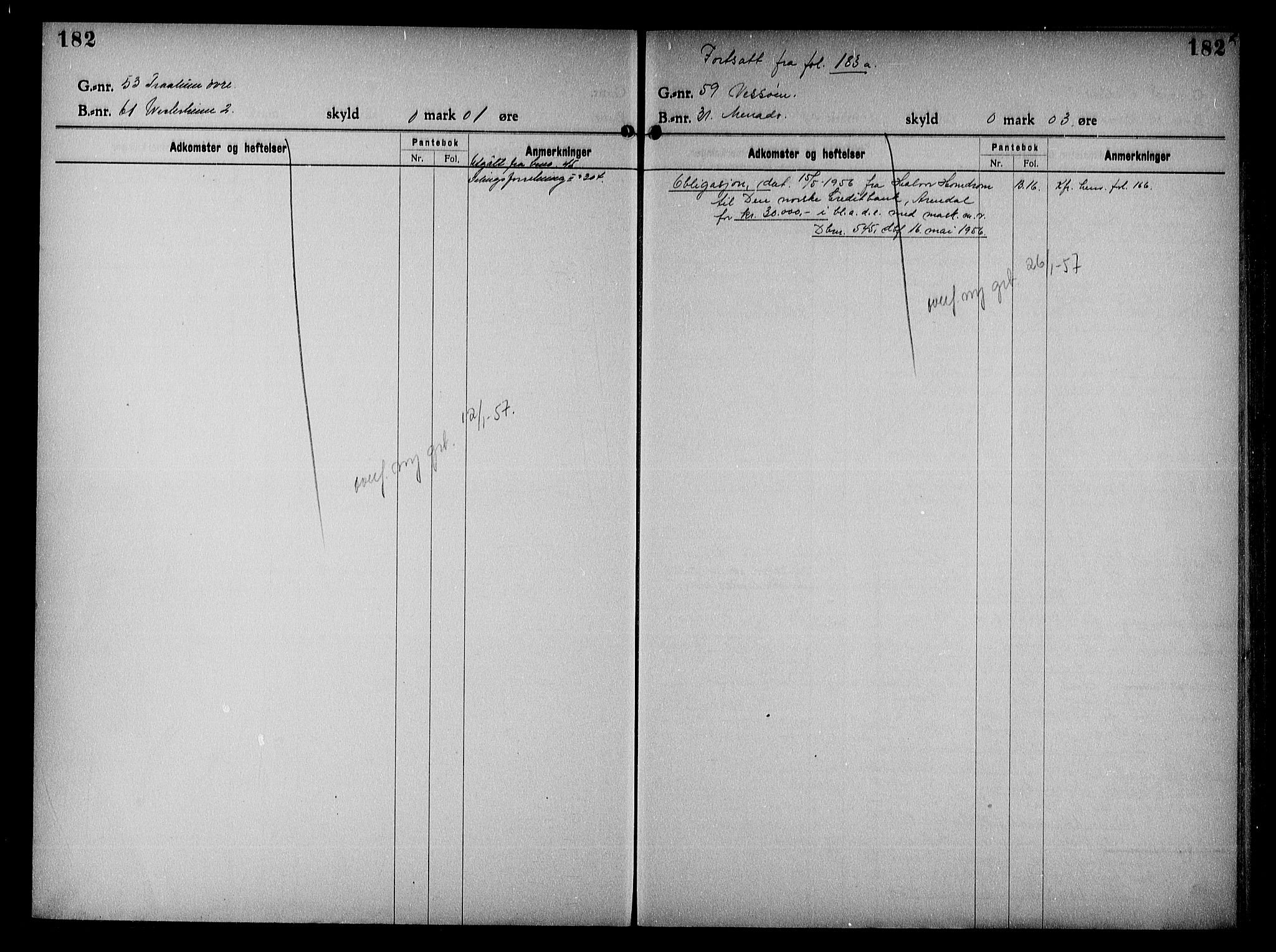 Vestre Nedenes/Sand sorenskriveri, SAK/1221-0010/G/Ga/L0023: Panteregister nr. 16, 1923-1957, s. 182