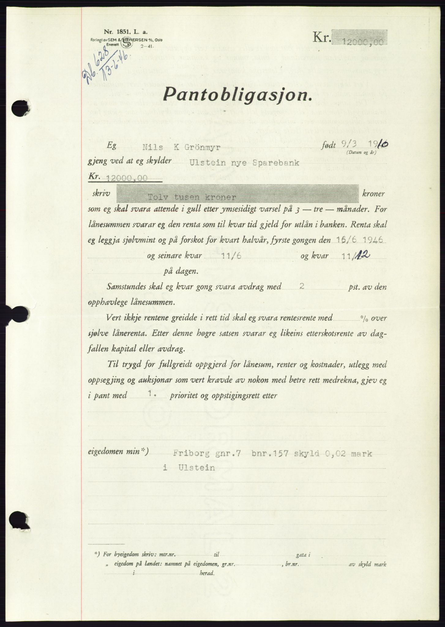 Søre Sunnmøre sorenskriveri, AV/SAT-A-4122/1/2/2C/L0114: Pantebok nr. 1-2B, 1943-1947, Dagboknr: 628/1946