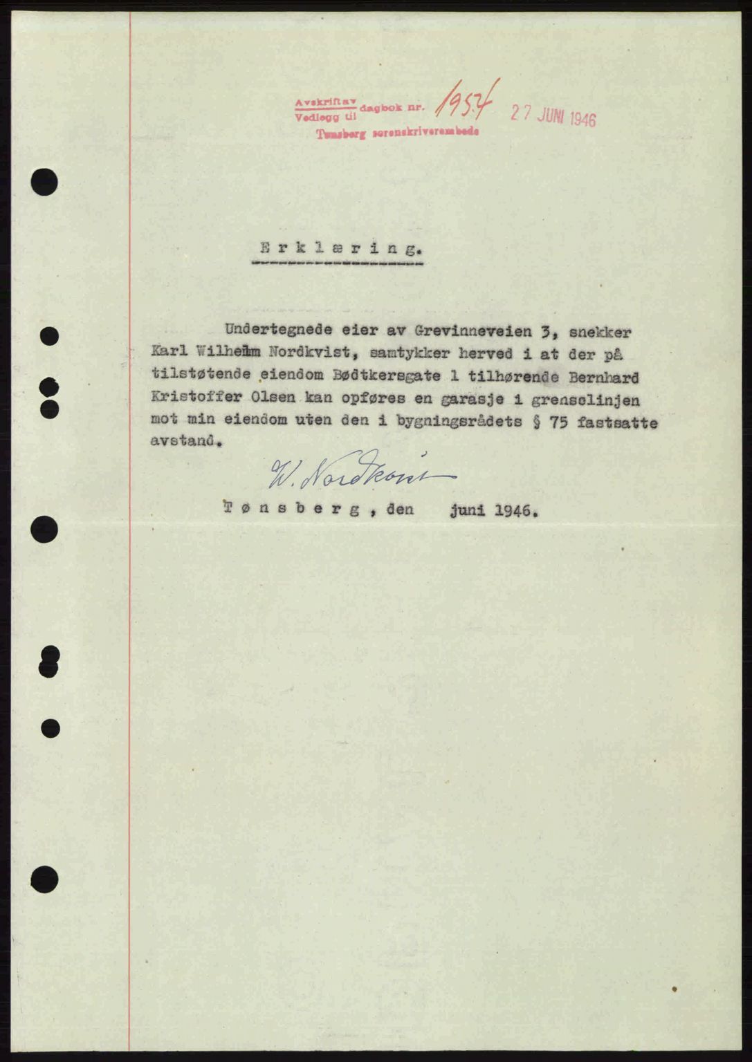 Tønsberg sorenskriveri, SAKO/A-130/G/Ga/Gaa/L0019: Pantebok nr. A19, 1946-1946, Dagboknr: 1954/1946
