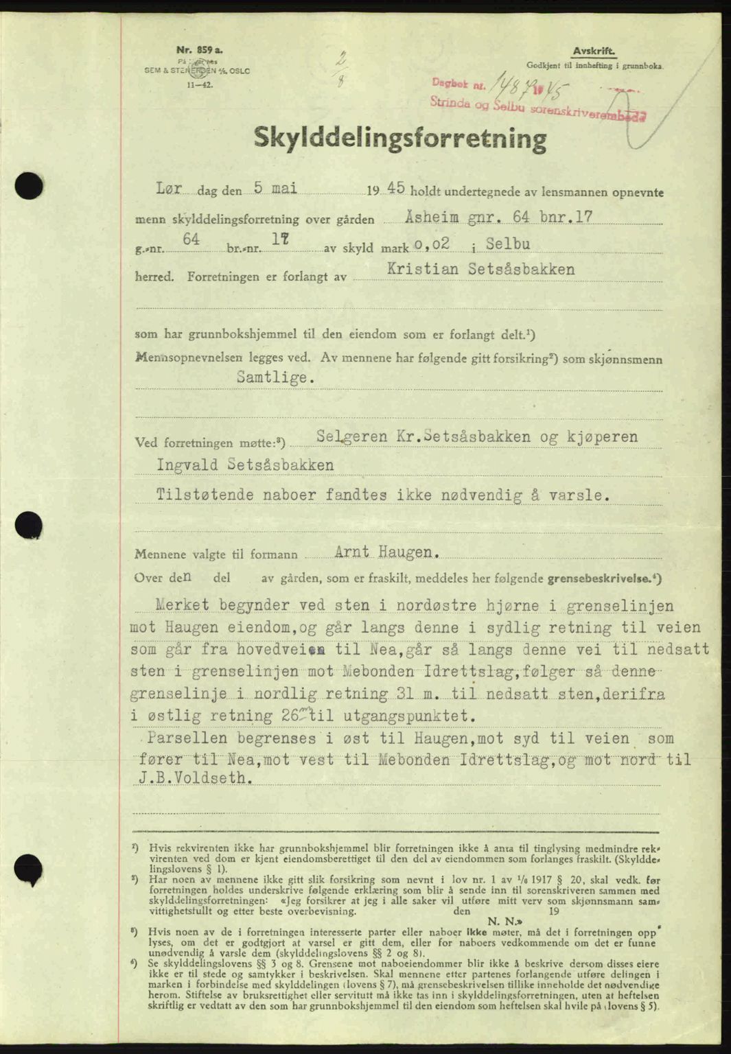 Strinda og Selbu sorenskriveri, SAT/A-0015/2/2C: Pantebok nr. A9, 1944-1945, Dagboknr: 1487/1945