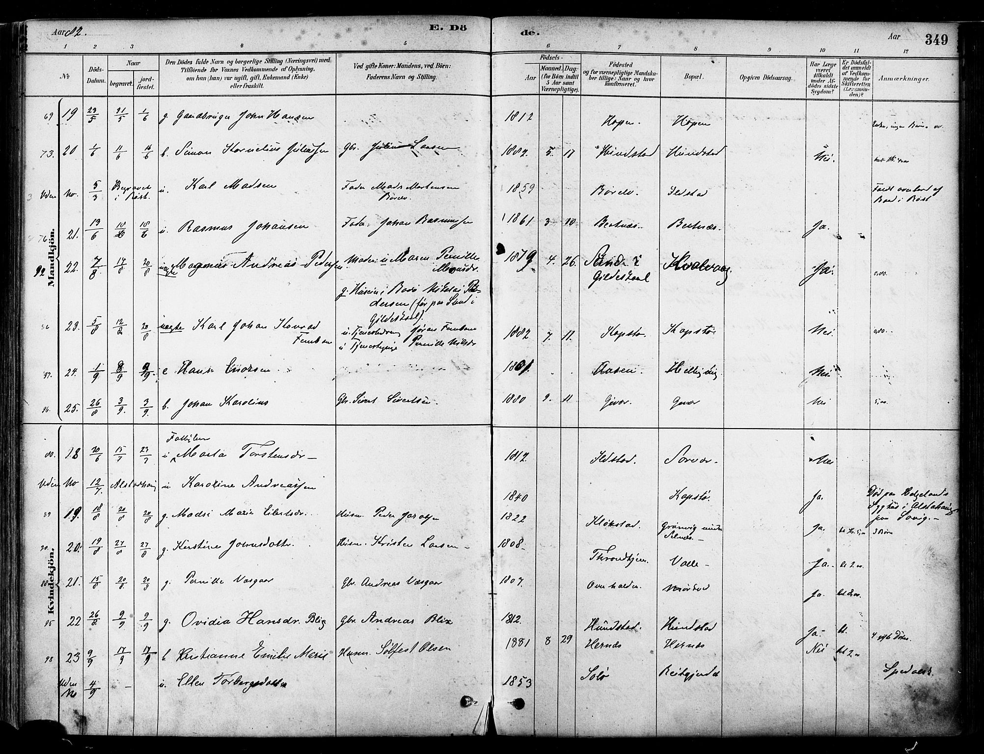 Ministerialprotokoller, klokkerbøker og fødselsregistre - Nordland, AV/SAT-A-1459/802/L0054: Ministerialbok nr. 802A01, 1879-1893, s. 349