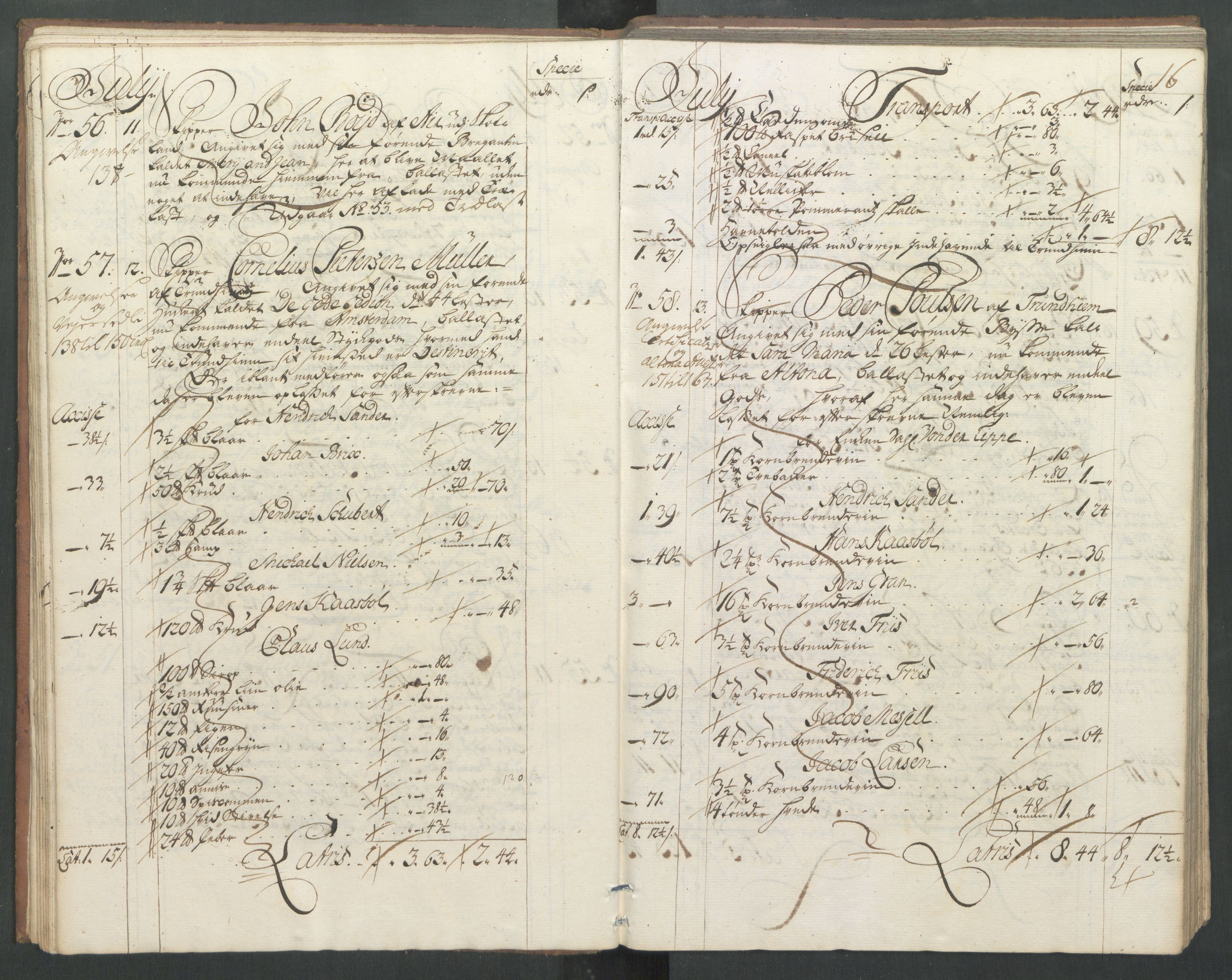 Generaltollkammeret, tollregnskaper, RA/EA-5490/R32/L0004/0001: Tollregnskaper Kristiansund / Hovedtollbok, 1731, s. 15b-16a