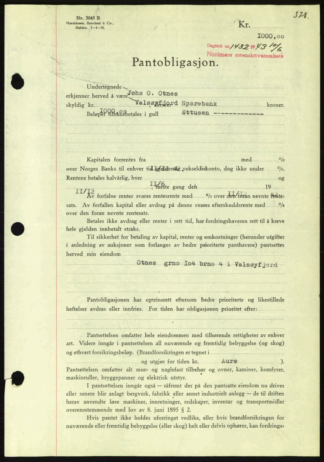 Nordmøre sorenskriveri, SAT/A-4132/1/2/2Ca: Pantebok nr. B90, 1942-1943, Dagboknr: 1432/1943