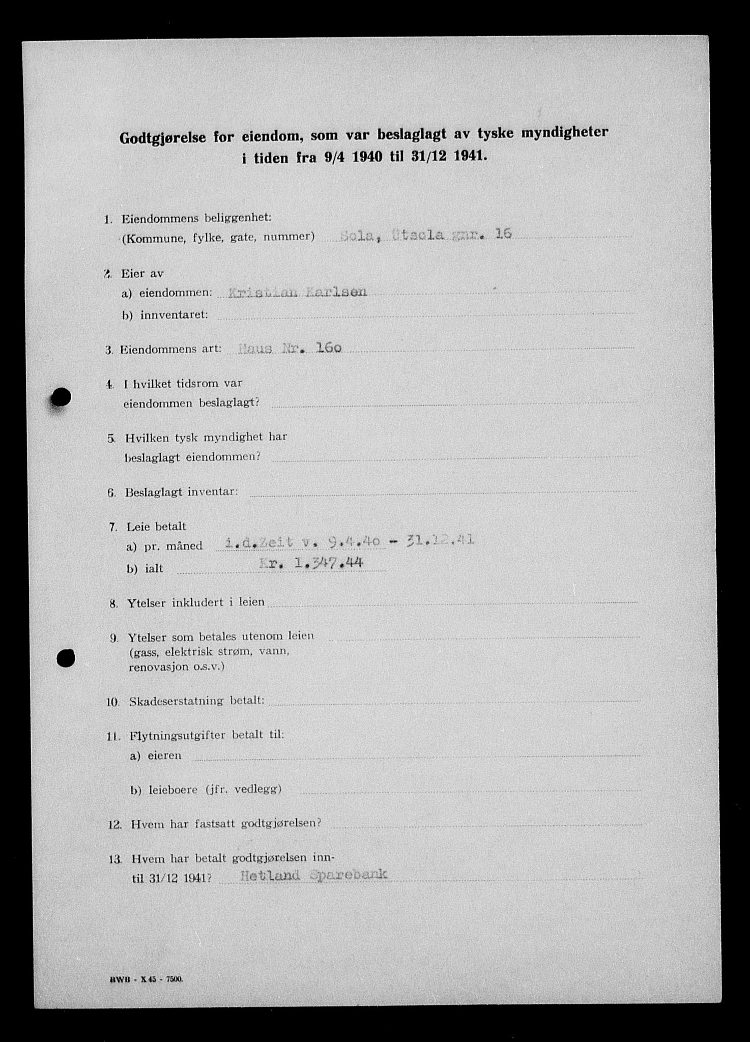 Justisdepartementet, Tilbakeføringskontoret for inndratte formuer, AV/RA-S-1564/I/L1014: Godtgjørelse for beslaglagt eiendom, 1940-1941, s. 413