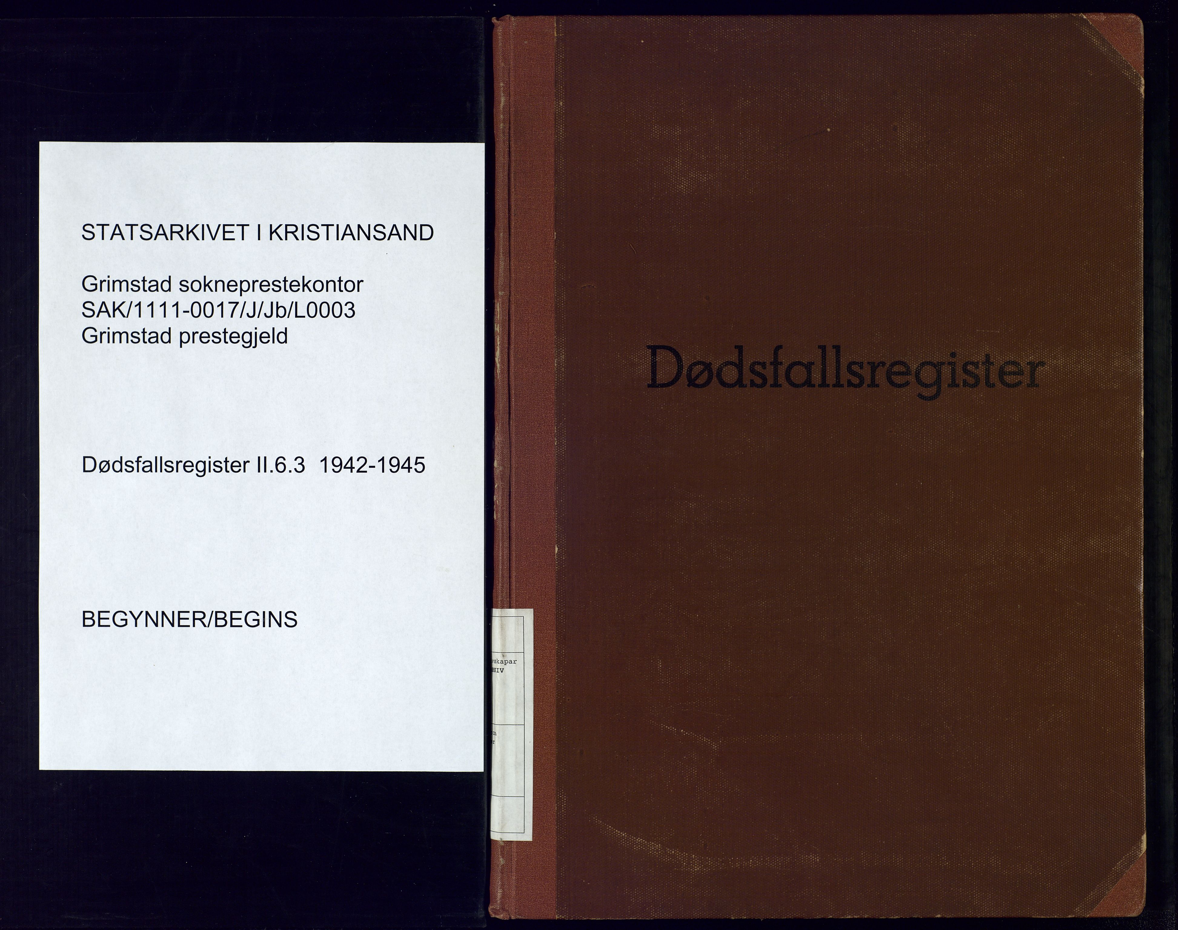 Grimstad sokneprestkontor, SAK/1111-0017/J/Jb/L0003: II.6.3 - Dødsfallsregister, 1942-1945