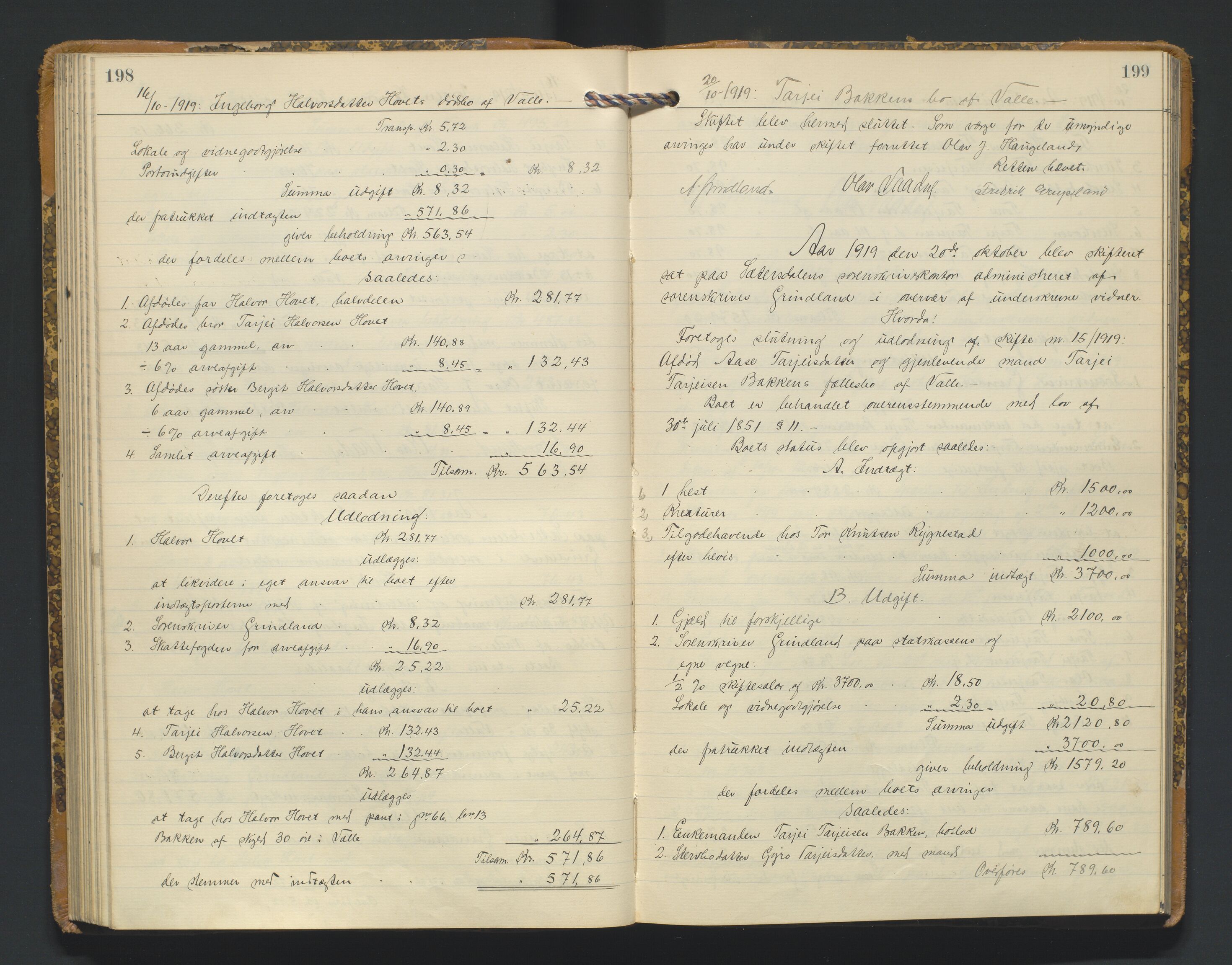 Setesdal sorenskriveri, SAK/1221-0011/H/Hc/L0050: Skifteutlodningsprotokoll nr 4, med register, 1914-1924, s. 198-199