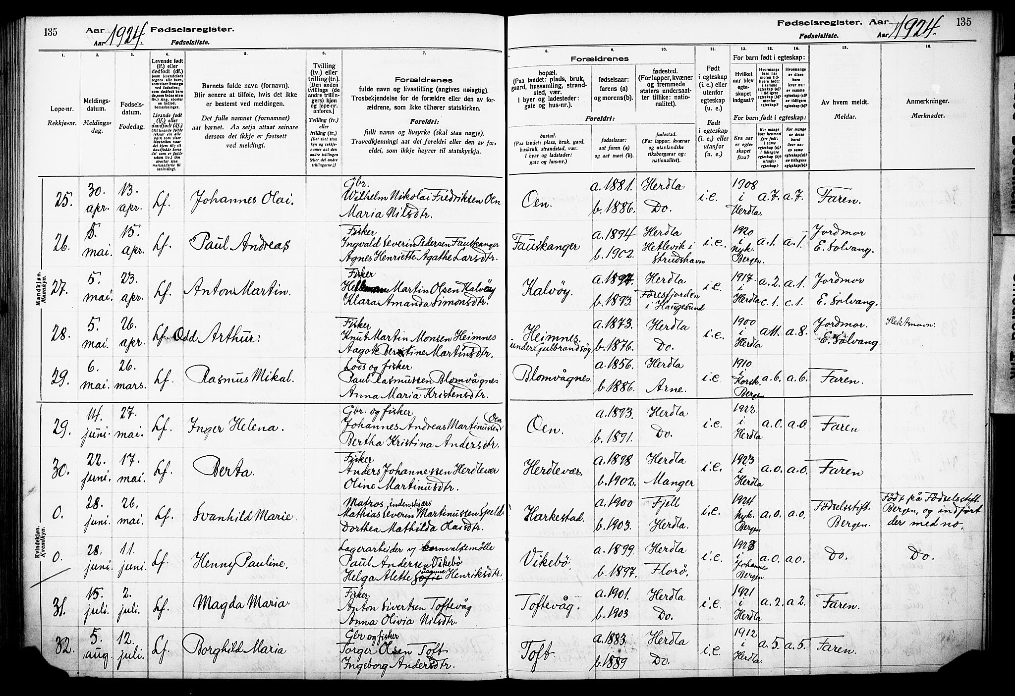 Herdla Sokneprestembete, AV/SAB-A-75701/I/Id/L00A1: Fødselsregister nr. A 1, 1916-1929, s. 135