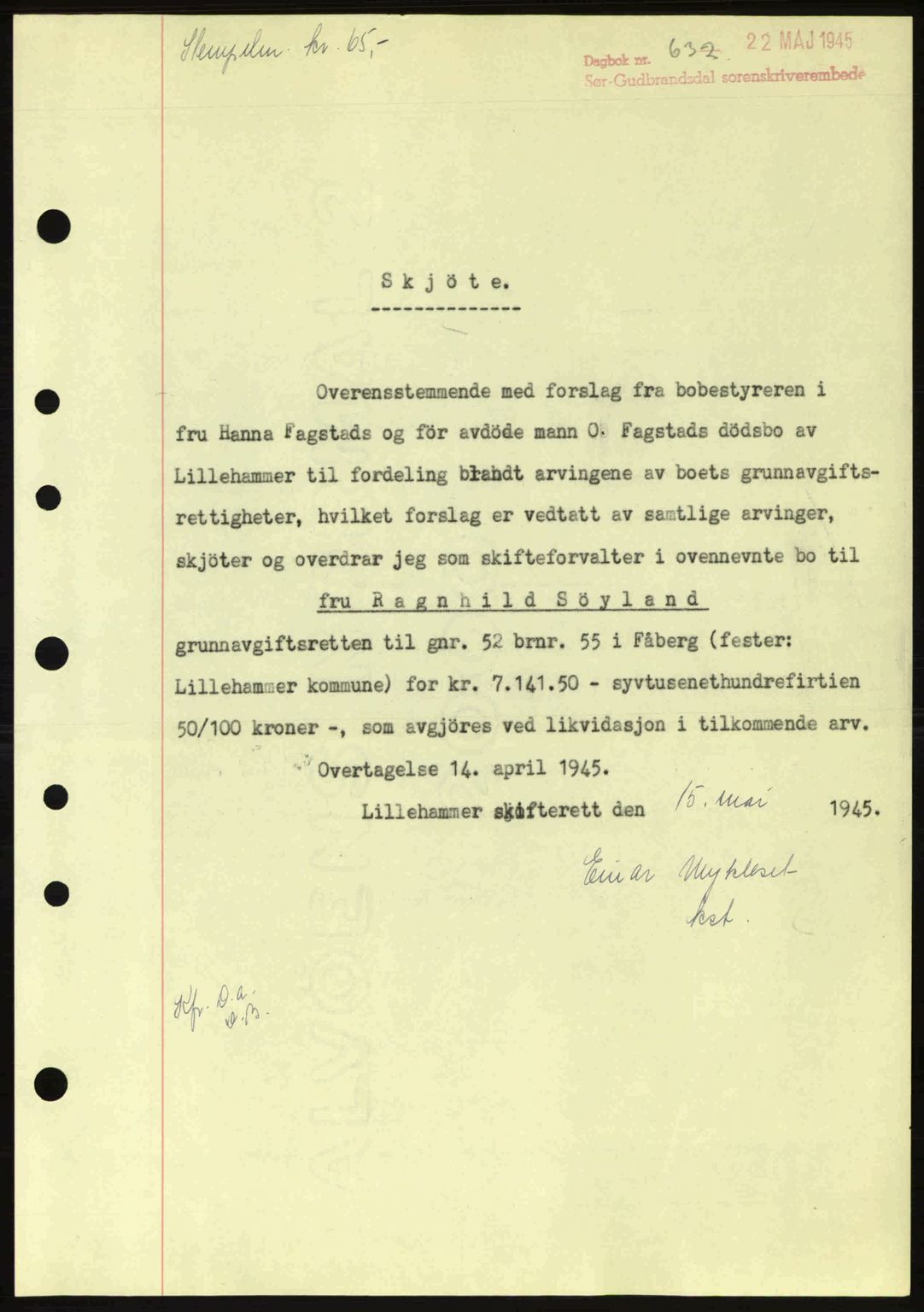 Sør-Gudbrandsdal tingrett, SAH/TING-004/H/Hb/Hbd/L0014: Pantebok nr. A14, 1944-1945, Dagboknr: 632/1945