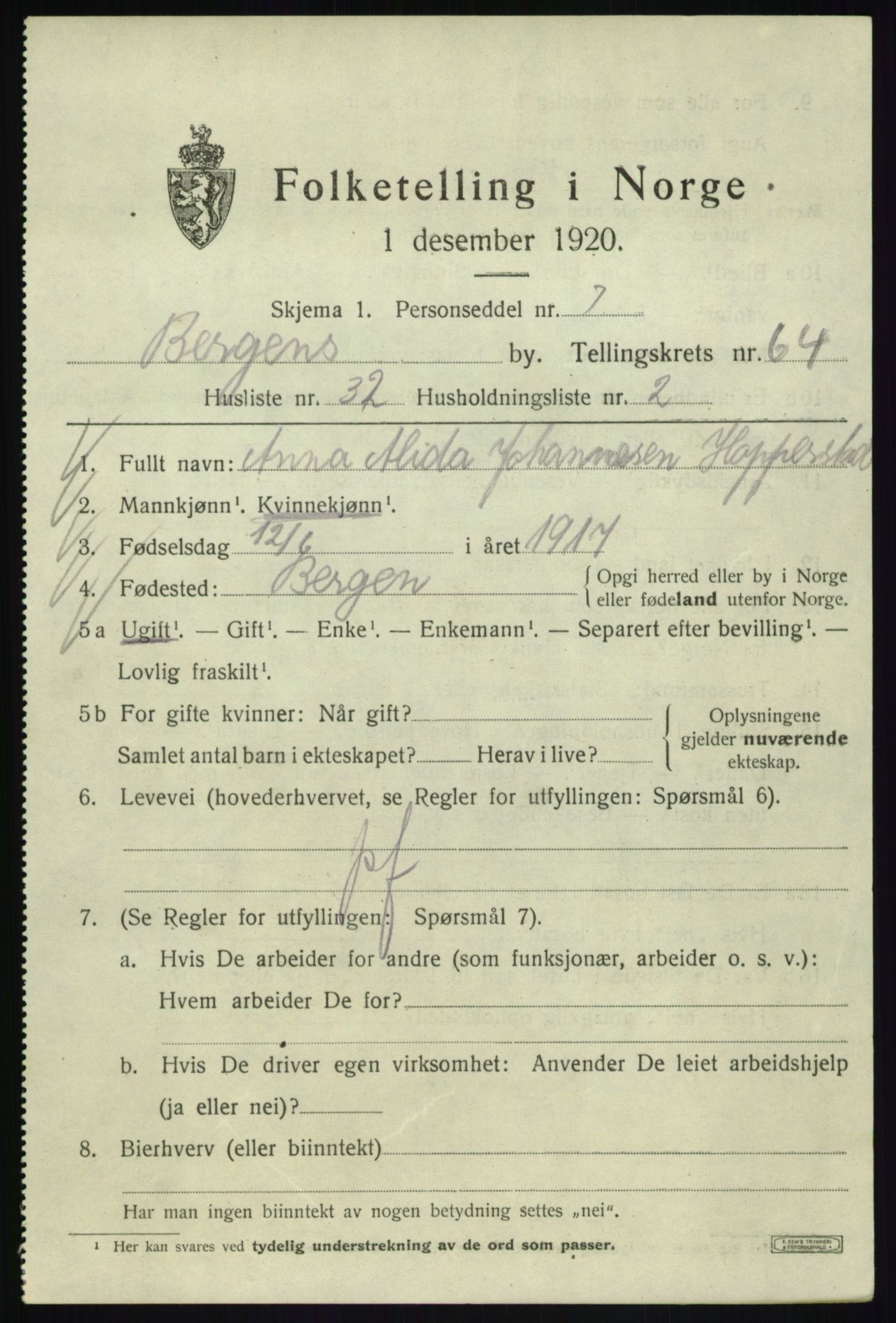 SAB, Folketelling 1920 for 1301 Bergen kjøpstad, 1920, s. 133065