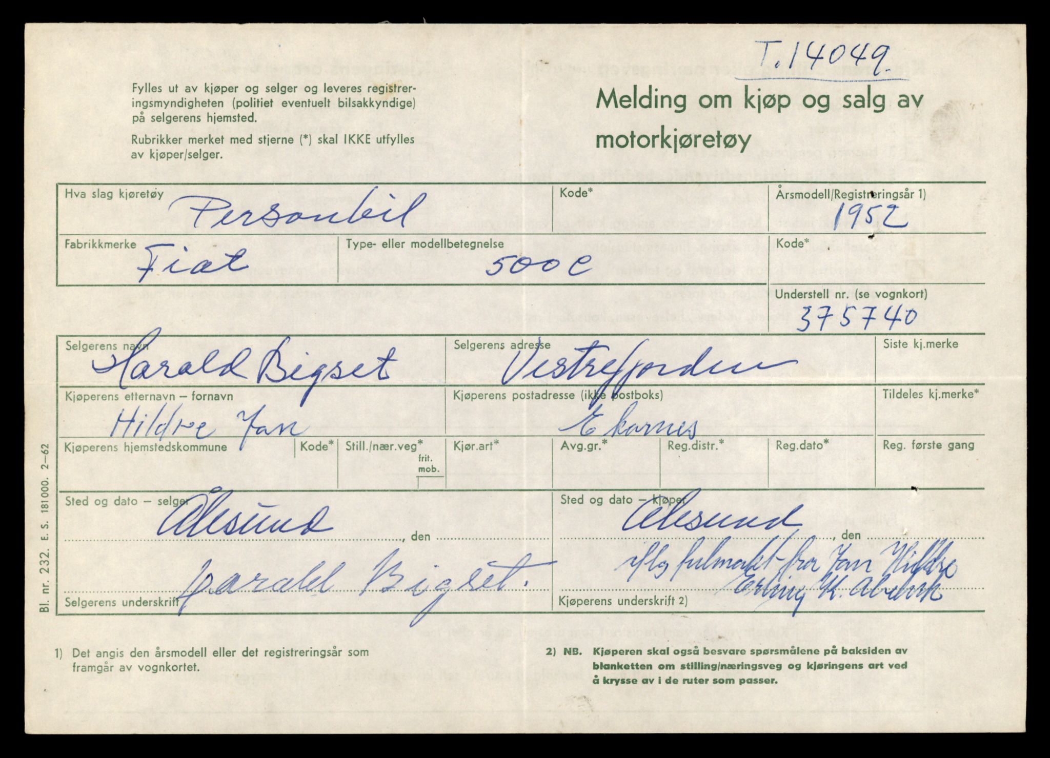 Møre og Romsdal vegkontor - Ålesund trafikkstasjon, AV/SAT-A-4099/F/Fe/L0042: Registreringskort for kjøretøy T 13906 - T 14079, 1927-1998, s. 2457