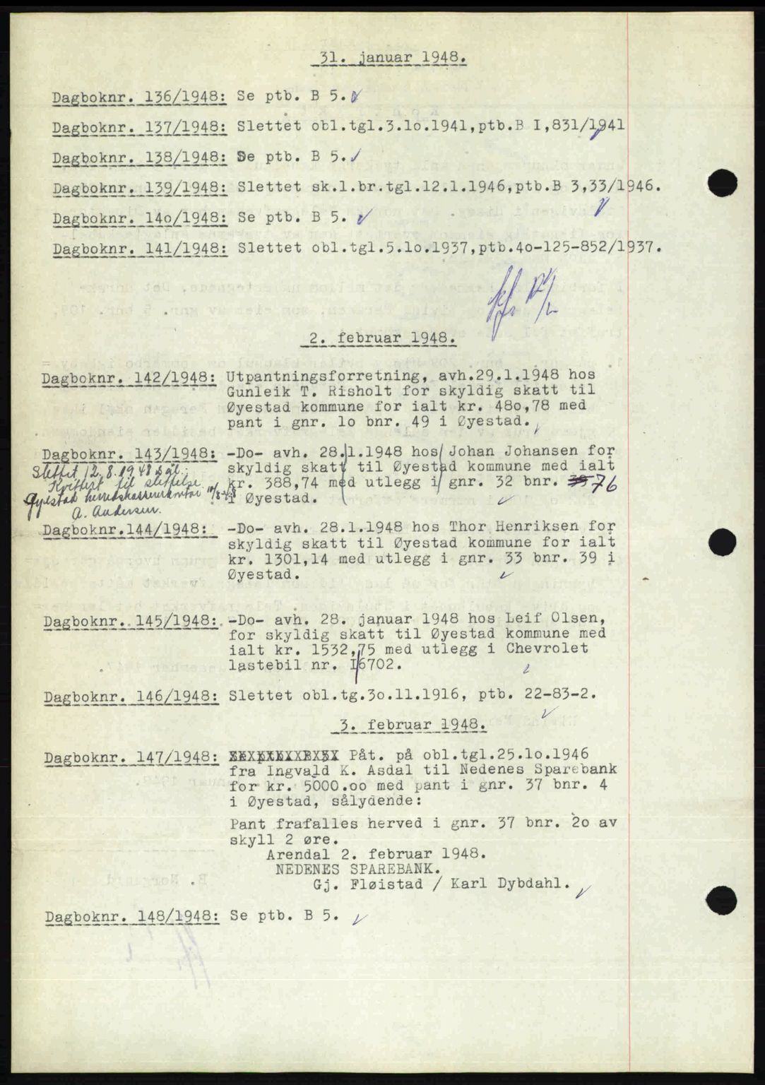 Nedenes sorenskriveri, SAK/1221-0006/G/Gb/Gba/L0058: Pantebok nr. A10, 1947-1948, Dagboknr: 136/1948