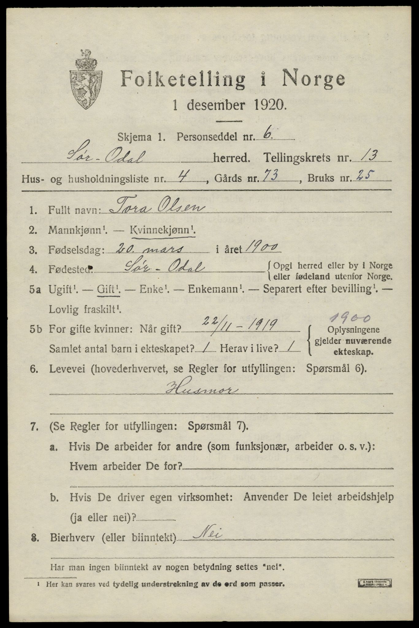 SAH, Folketelling 1920 for 0419 Sør-Odal herred, 1920, s. 12991