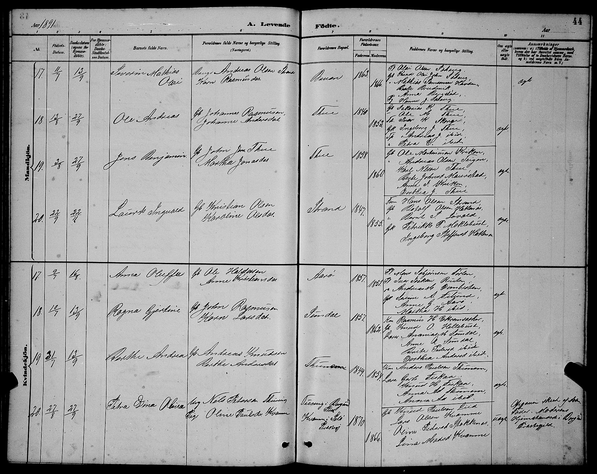 Ministerialprotokoller, klokkerbøker og fødselsregistre - Møre og Romsdal, AV/SAT-A-1454/501/L0017: Klokkerbok nr. 501C03, 1885-1901, s. 44