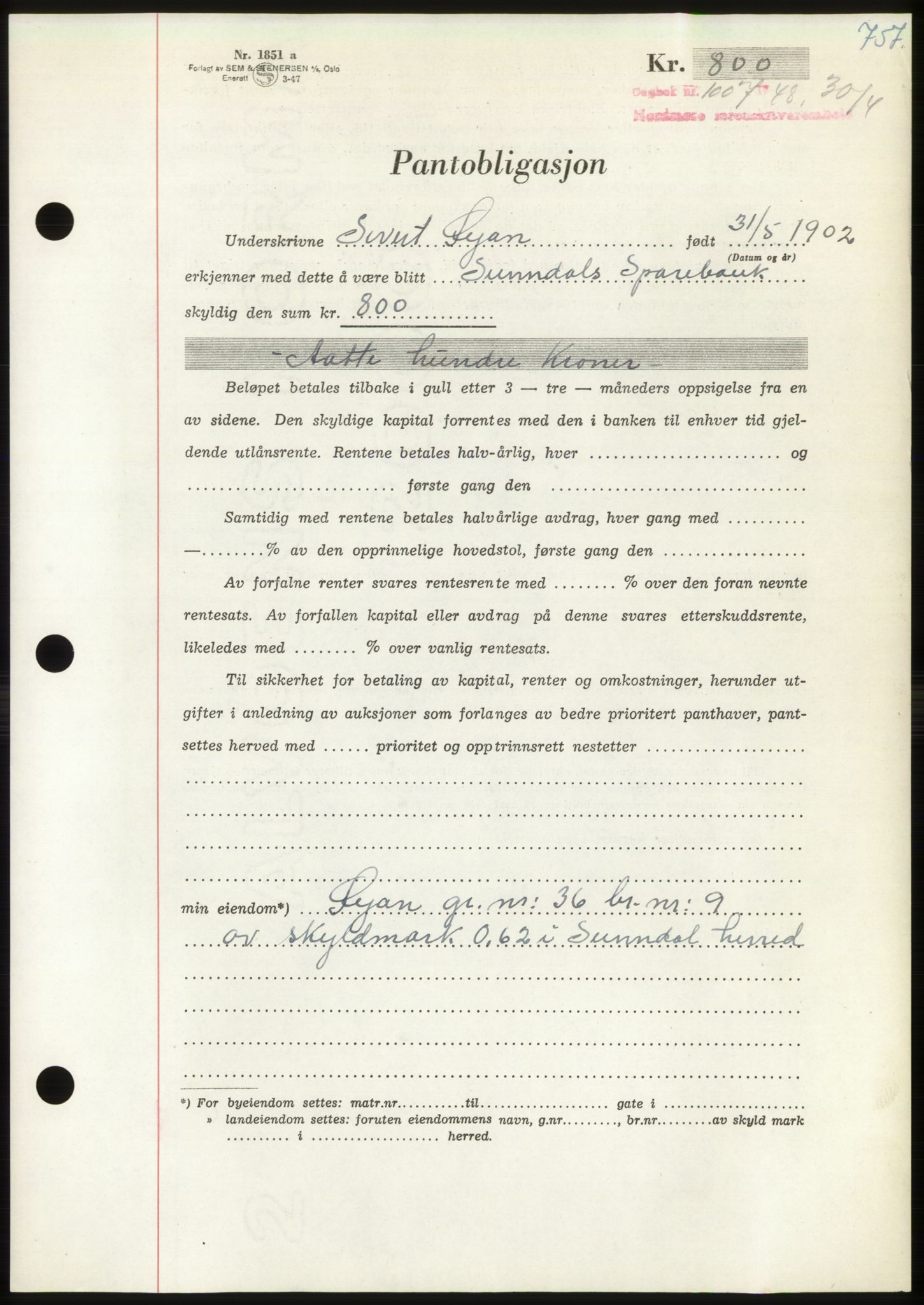 Nordmøre sorenskriveri, SAT/A-4132/1/2/2Ca: Pantebok nr. B98, 1948-1948, Dagboknr: 1007/1948