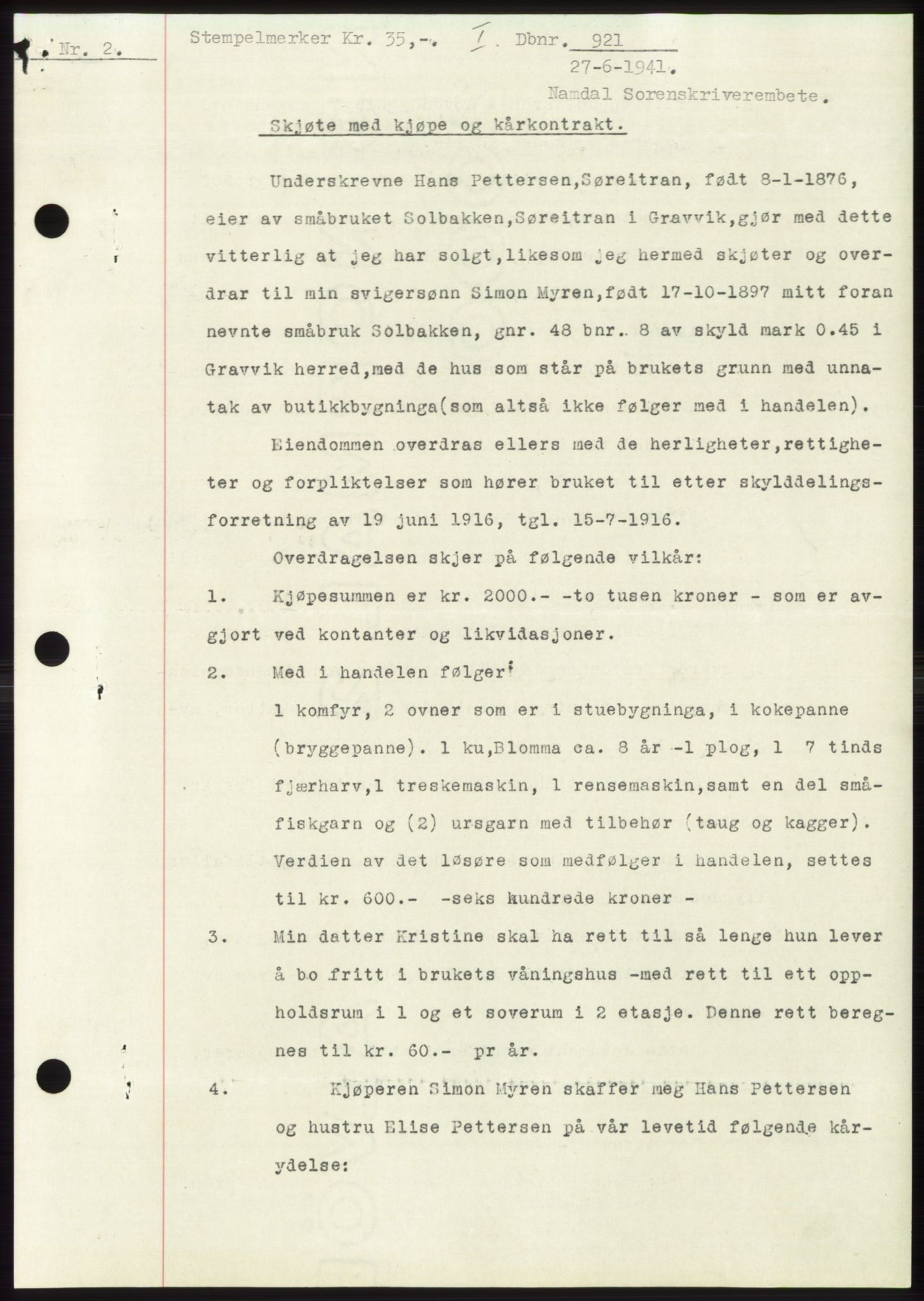 Namdal sorenskriveri, SAT/A-4133/1/2/2C: Pantebok nr. -, 1940-1941, Tingl.dato: 27.06.1941
