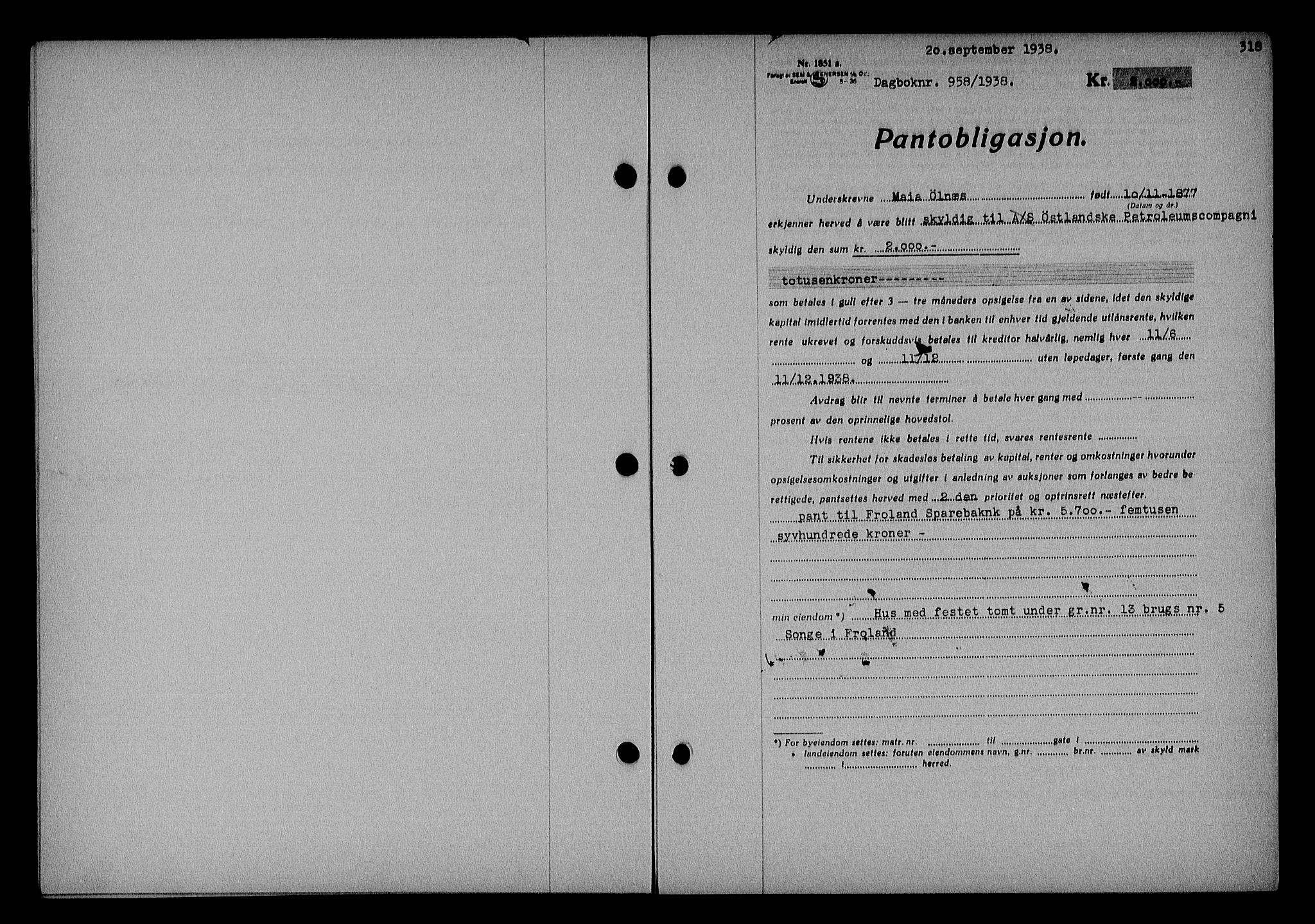 Nedenes sorenskriveri, SAK/1221-0006/G/Gb/Gba/L0045: Pantebok nr. 41, 1938-1938, Dagboknr: 958/1938