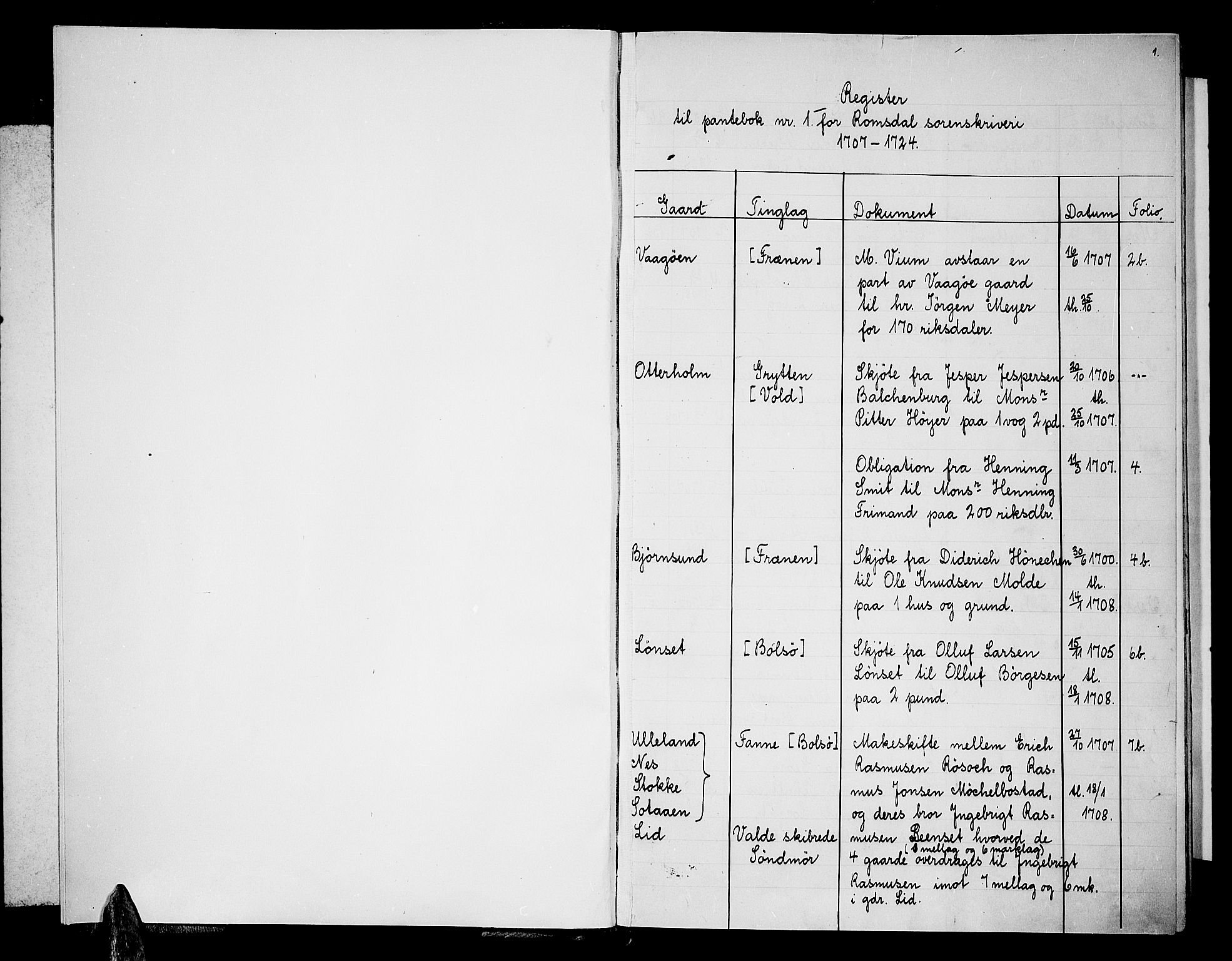 Romsdal sorenskriveri, AV/SAT-A-4149/1/2/2Aa/L0001: Panteregister nr. 1, 1707-1767, s. 1
