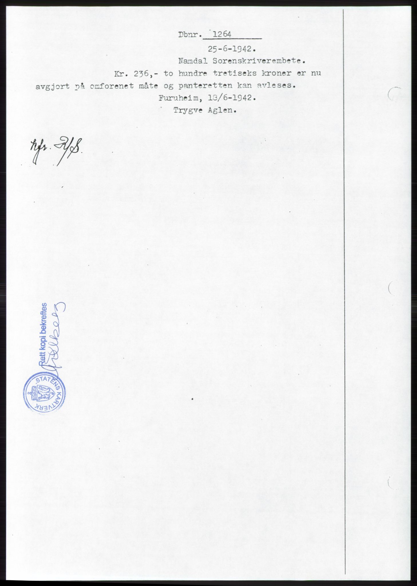 Namdal sorenskriveri, SAT/A-4133/1/2/2C: Pantebok nr. -, 1941-1942, Dagboknr: 1264/1942