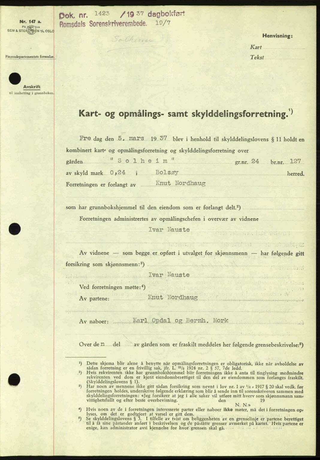 Romsdal sorenskriveri, SAT/A-4149/1/2/2C: Pantebok nr. A3, 1937-1937, Dagboknr: 1423/1937