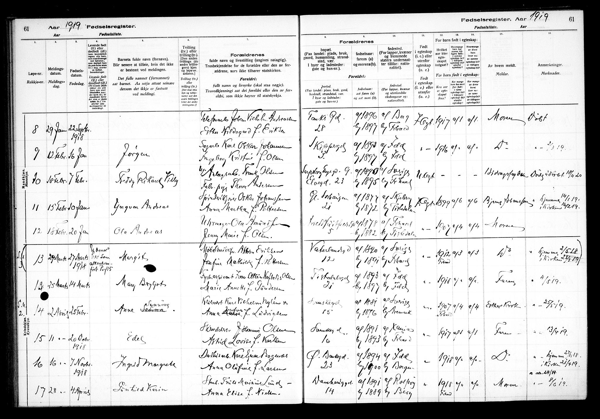 Halden prestekontor Kirkebøker, AV/SAO-A-10909/J/Ja/L0001: Fødselsregister nr. I 1, 1916-1925, s. 61