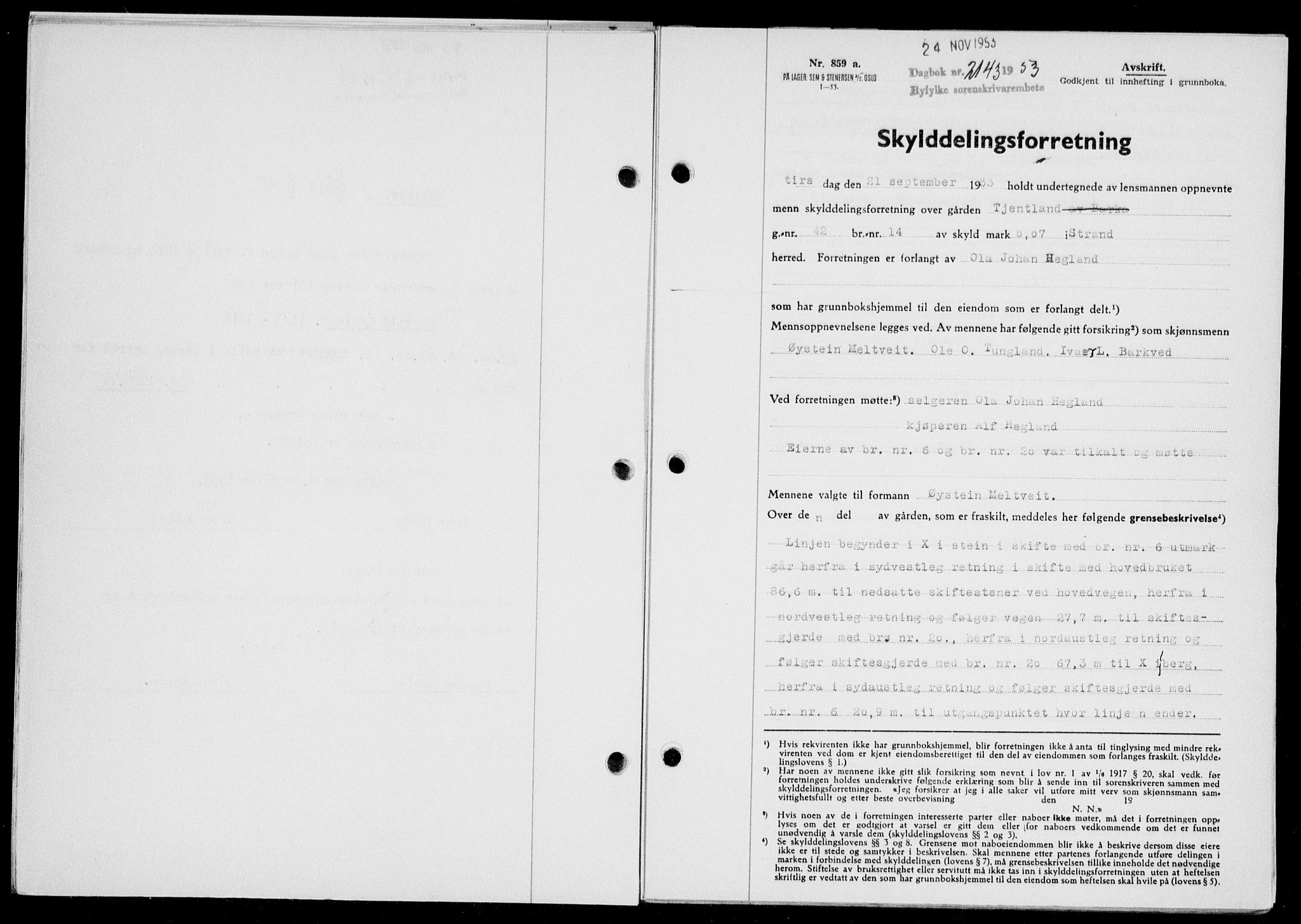 Ryfylke tingrett, SAST/A-100055/001/II/IIB/L0123: Pantebok nr. 102, 1953-1954, Dagboknr: 2143/1953
