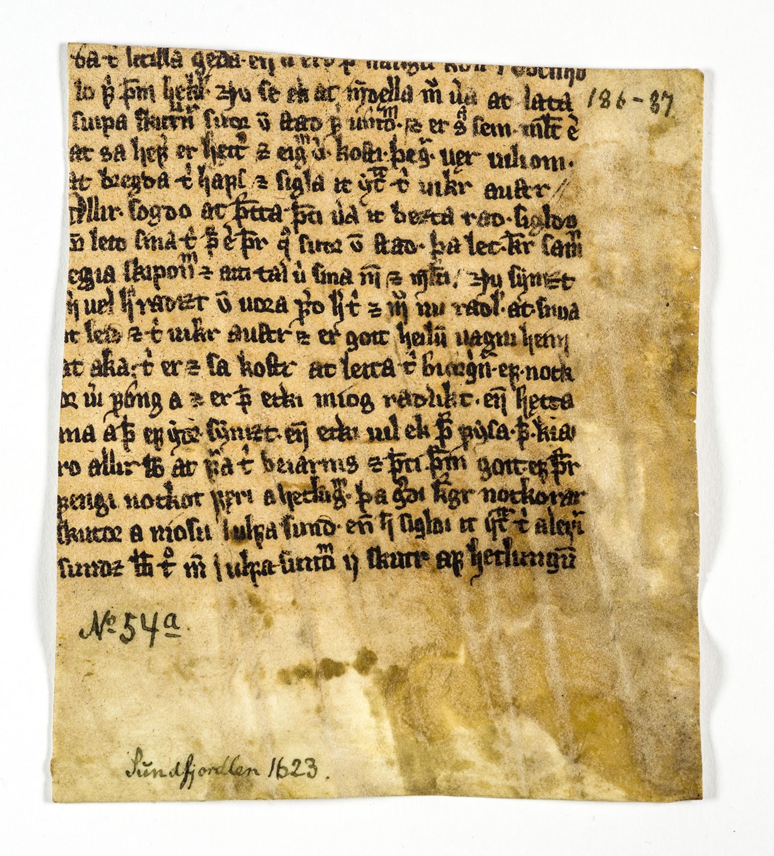Riksarkivets diplomsamling, AV/RA-EA-5965/F26/L0005: Norrøne membranfragmenter bestand 51-66, 1100-1536, s. 43