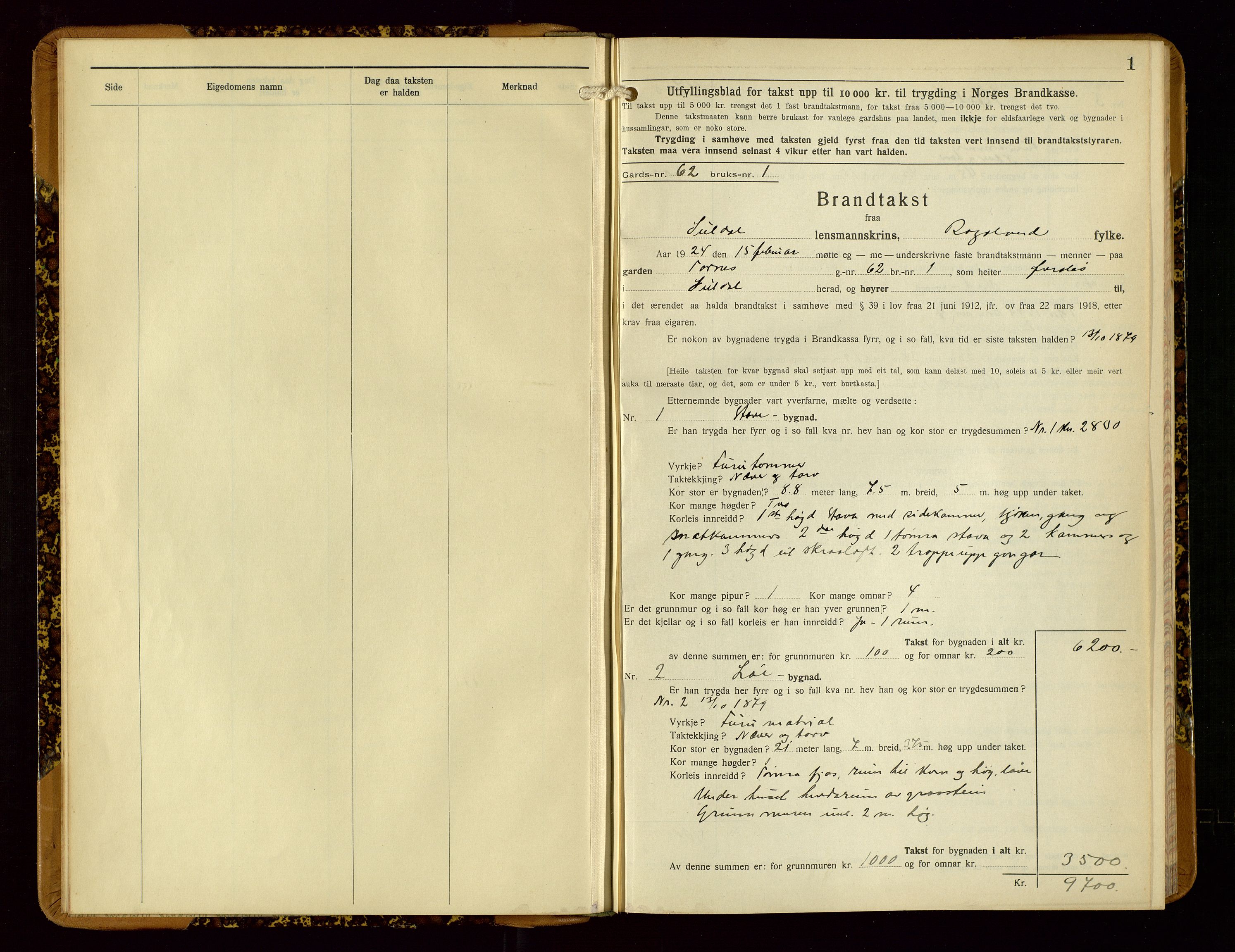 Suldal lensmannskontor, AV/SAST-A-100419/Gob/L0003: Branntakstprotokoll, 1924-1955, s. 1