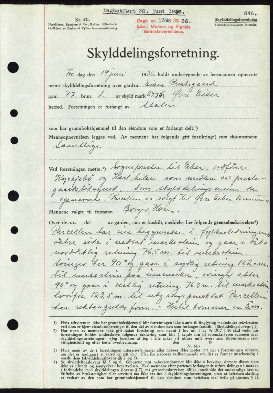Eiker, Modum og Sigdal sorenskriveri, SAKO/A-123/G/Ga/Gab/L0032: Pantebok nr. A2, 1936-1936, Dagboknr: 1398/1936