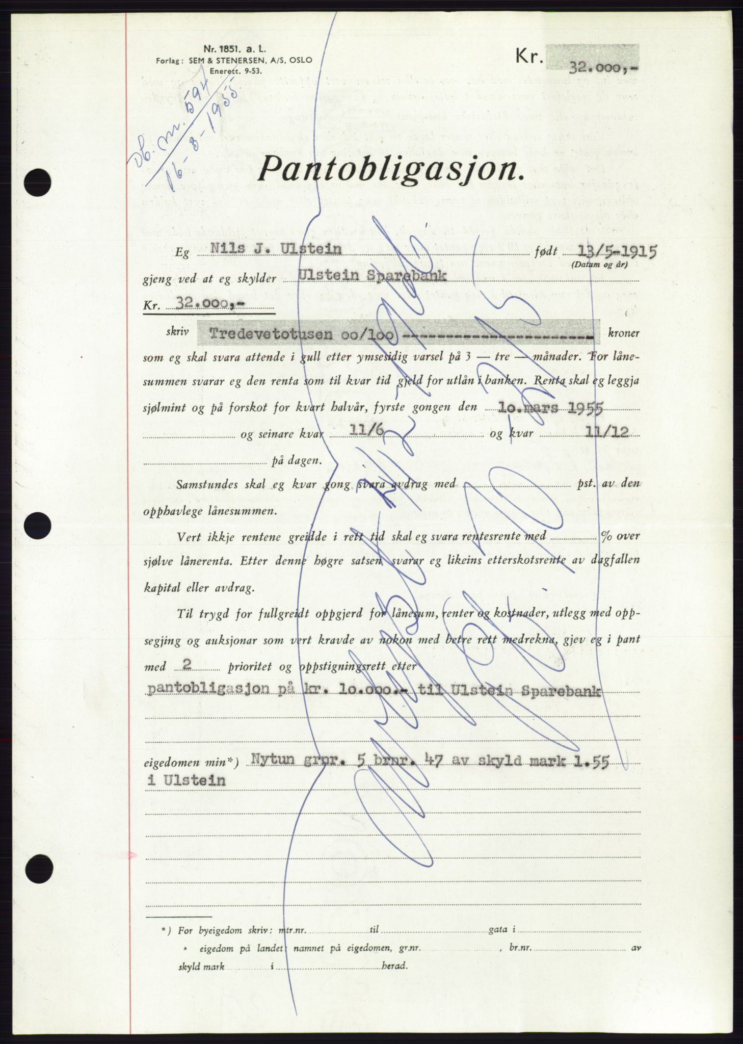 Søre Sunnmøre sorenskriveri, AV/SAT-A-4122/1/2/2C/L0126: Pantebok nr. 14B, 1954-1955, Dagboknr: 594/1955