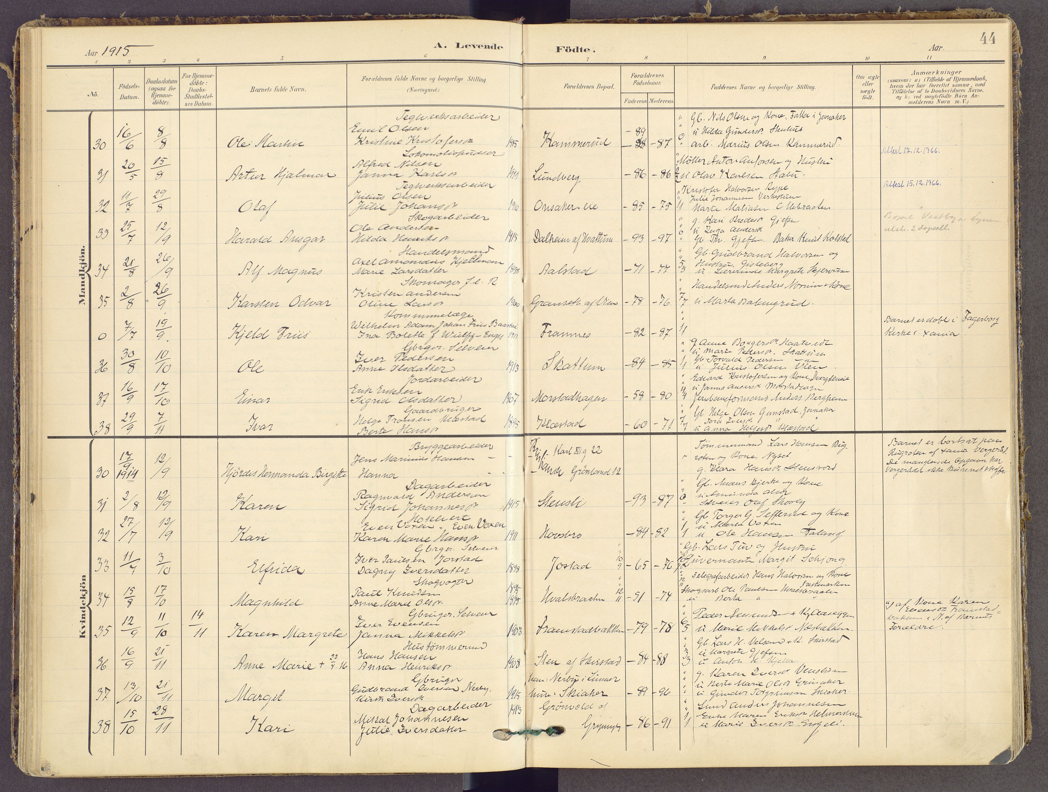 Gran prestekontor, SAH/PREST-112/H/Ha/Haa/L0021: Ministerialbok nr. 21, 1908-1932, s. 44