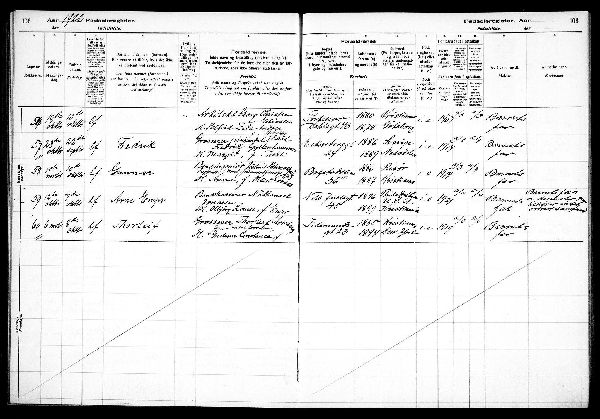 Uranienborg prestekontor Kirkebøker, AV/SAO-A-10877/J/Ja/L0001: Fødselsregister nr. 1, 1916-1930, s. 106