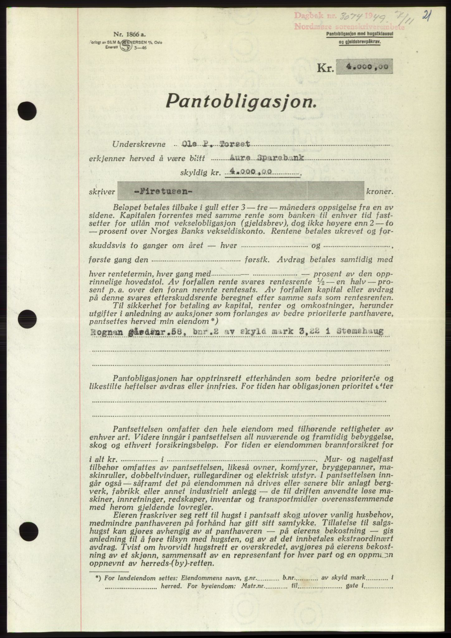 Nordmøre sorenskriveri, SAT/A-4132/1/2/2Ca: Pantebok nr. B103, 1949-1950, Dagboknr: 3074/1949