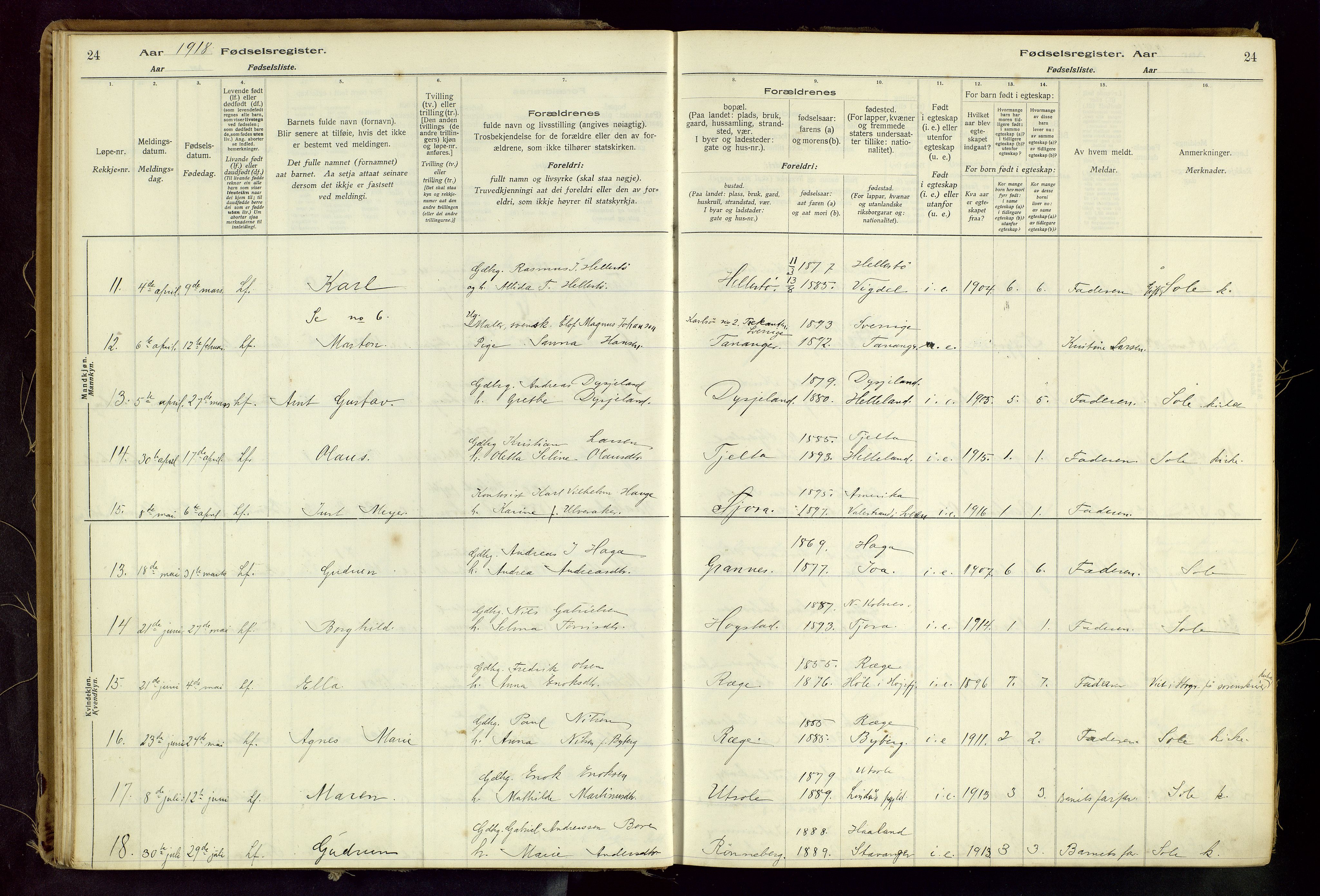 Håland sokneprestkontor, AV/SAST-A-101802/001/704BA/L0001: Fødselsregister nr. 1, 1916-1936, s. 24