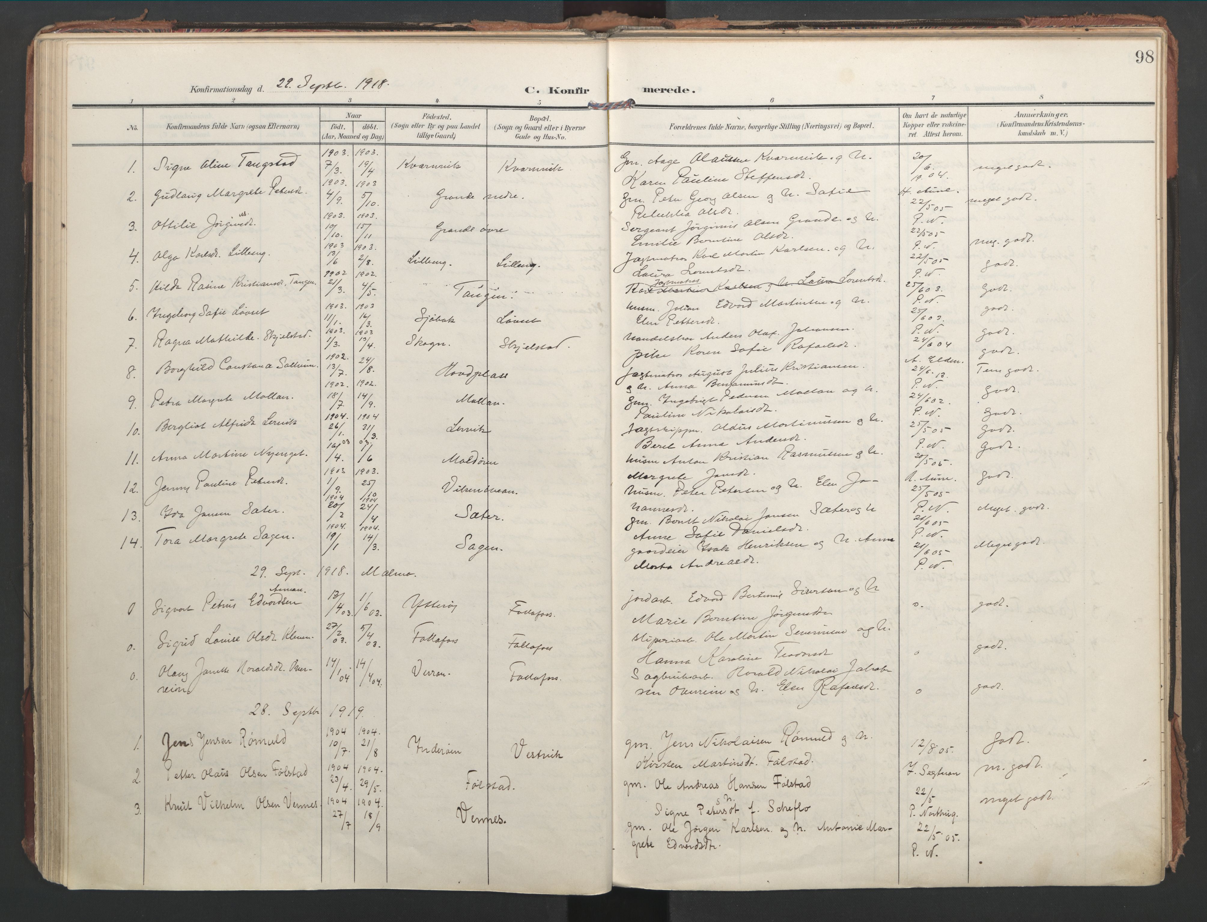 Ministerialprotokoller, klokkerbøker og fødselsregistre - Nord-Trøndelag, AV/SAT-A-1458/744/L0421: Ministerialbok nr. 744A05, 1905-1930, s. 98