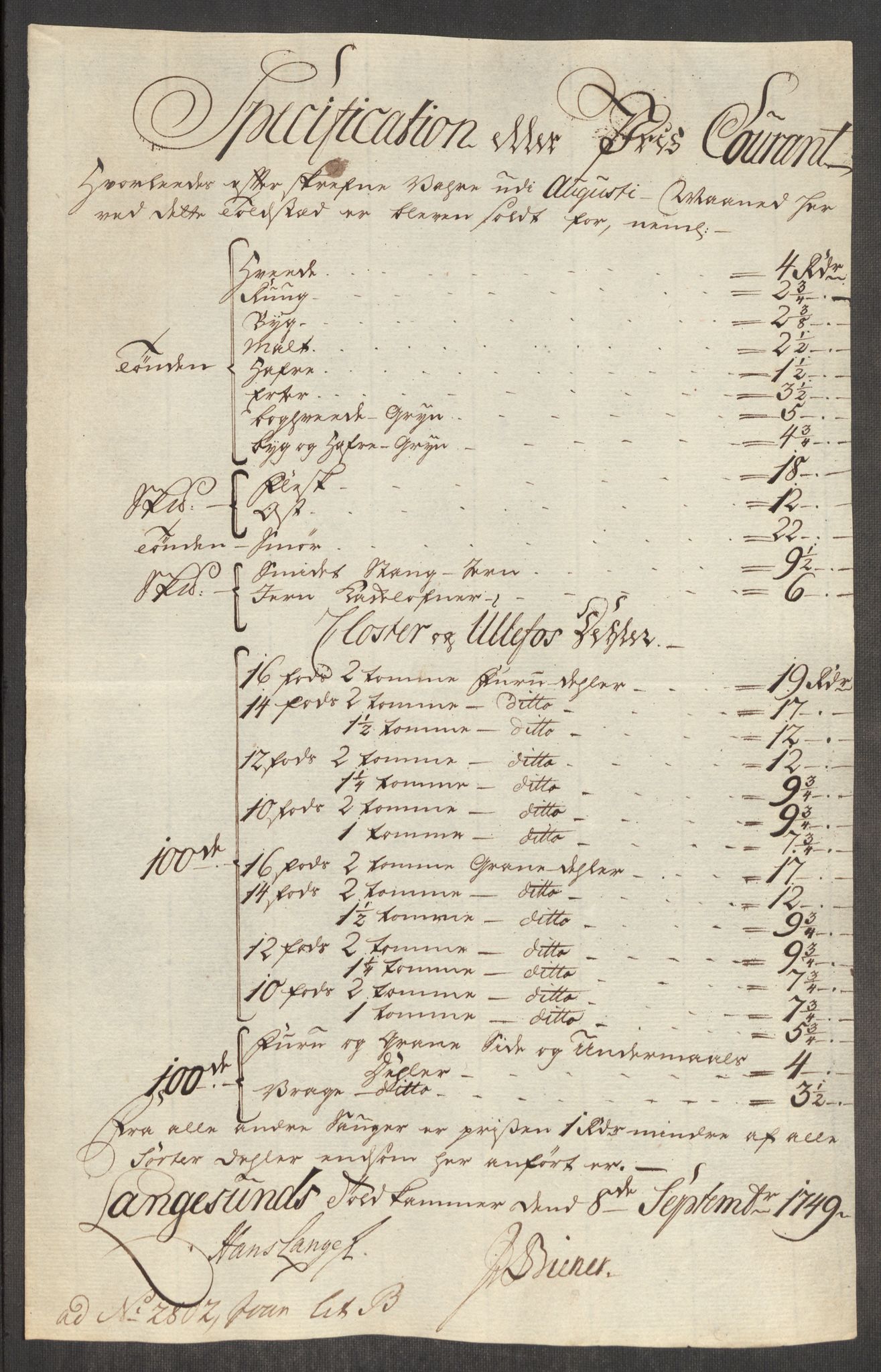 Rentekammeret inntil 1814, Realistisk ordnet avdeling, RA/EA-4070/Oe/L0004: [Ø1]: Priskuranter, 1749-1752, s. 112