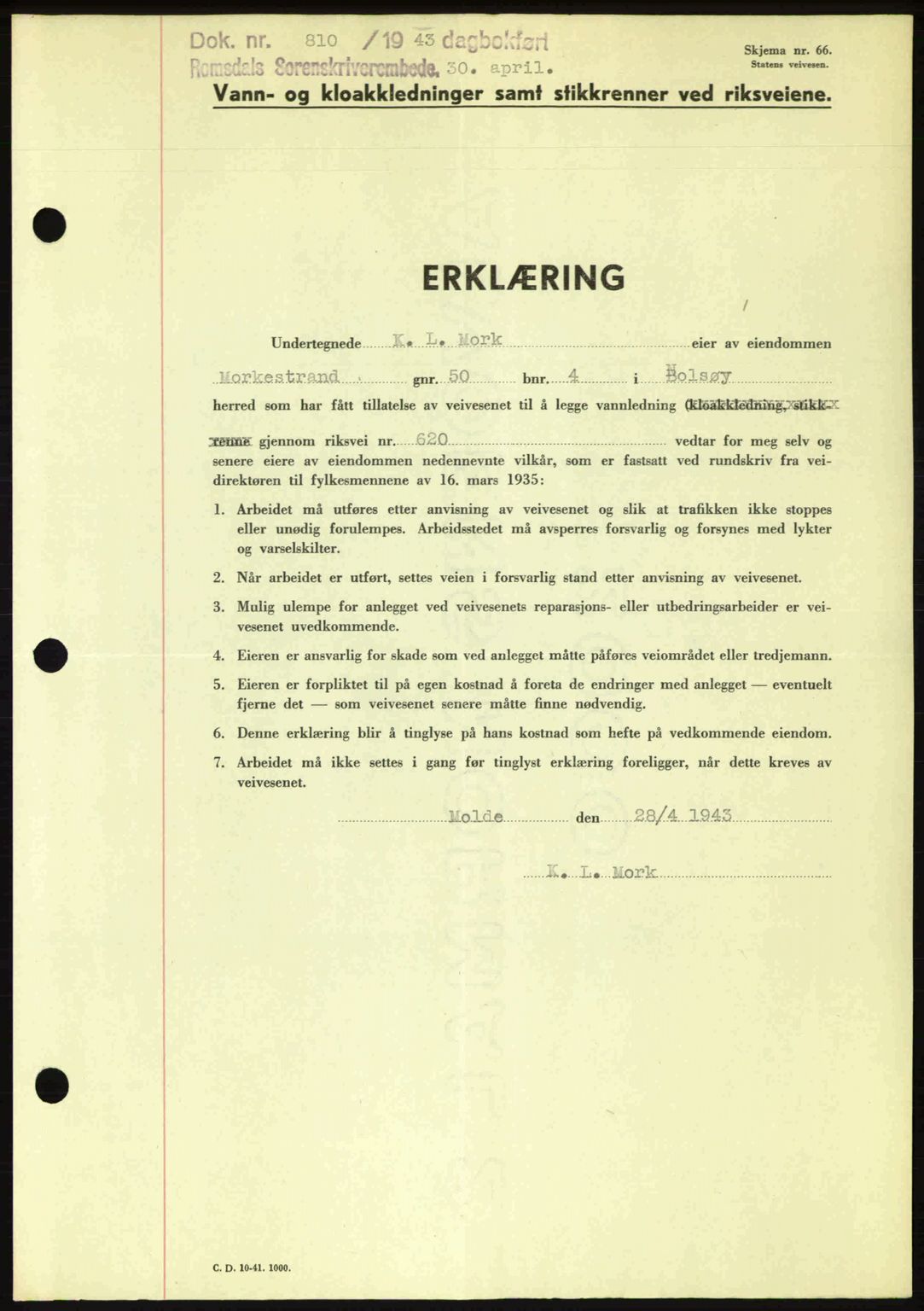 Romsdal sorenskriveri, AV/SAT-A-4149/1/2/2C: Pantebok nr. A14, 1943-1943, Dagboknr: 810/1943