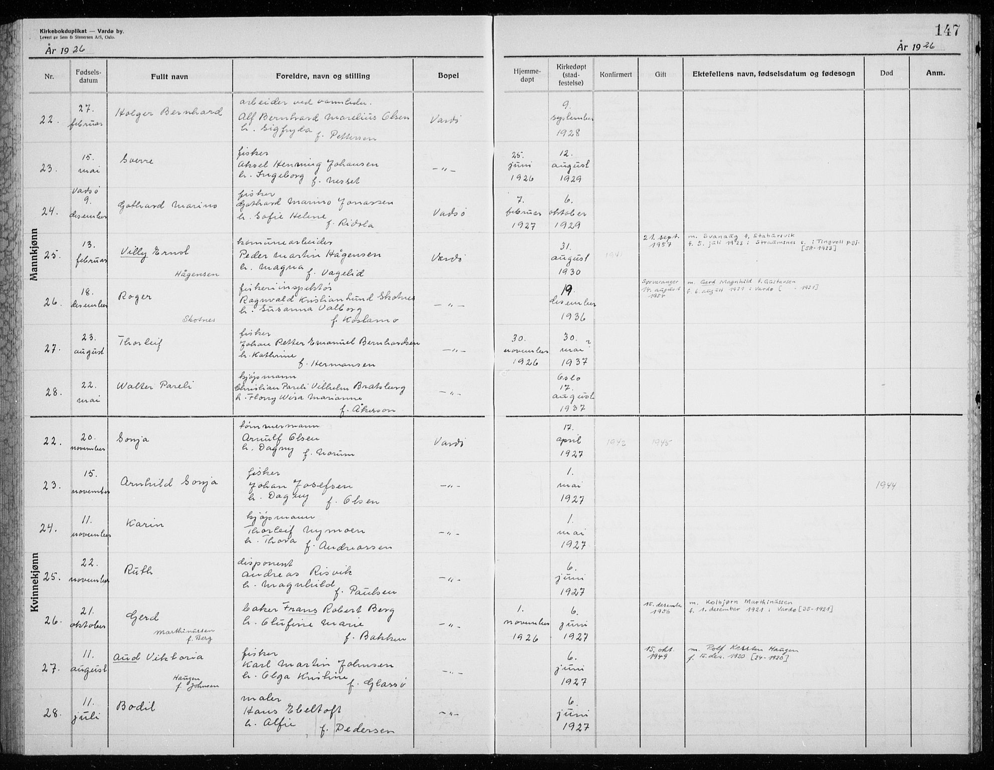 Vardø sokneprestkontor, AV/SATØ-S-1332/H/Hc/L0002kirkerekon: Annen kirkebok nr. 2, 1915-1929, s. 147