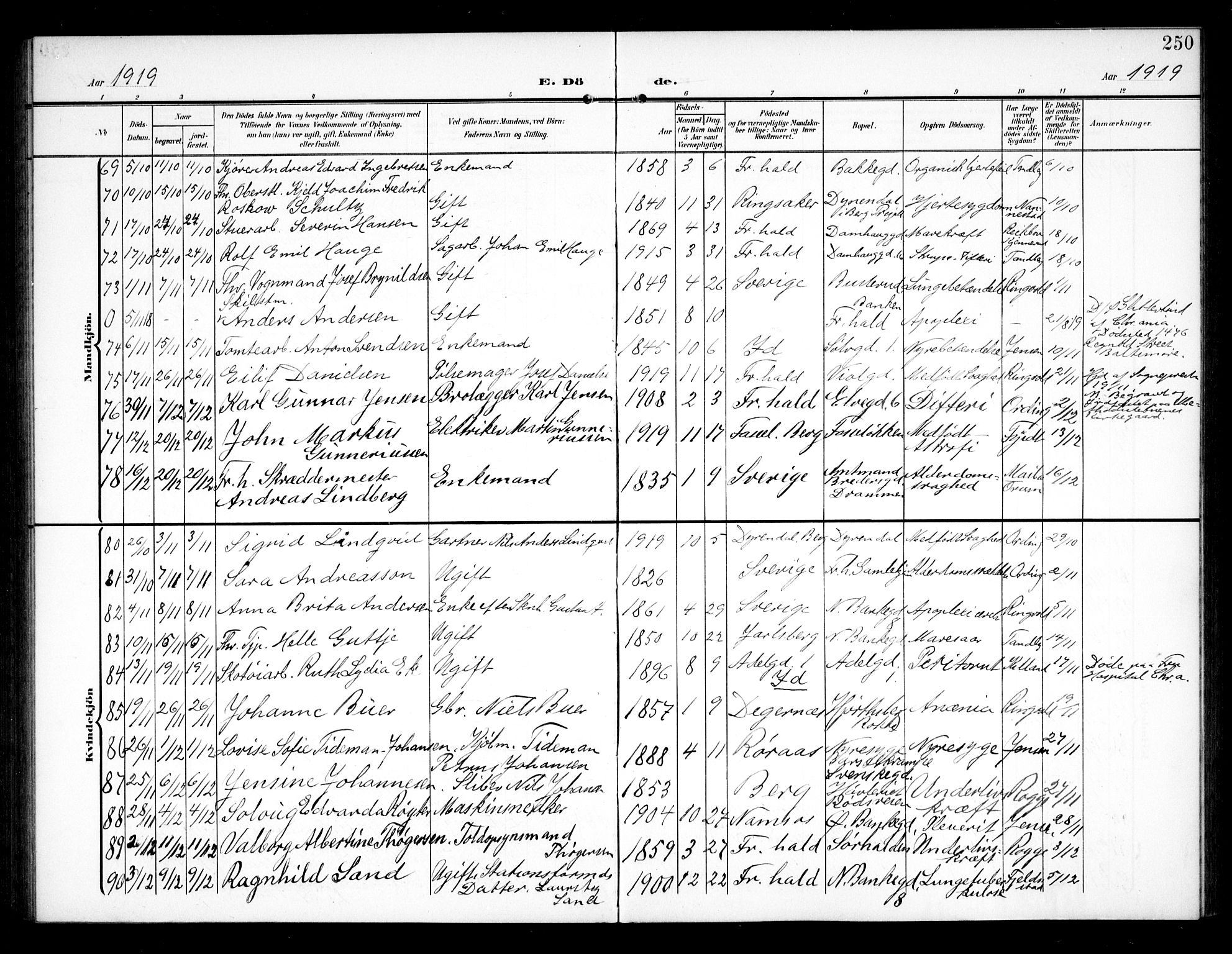 Halden prestekontor Kirkebøker, AV/SAO-A-10909/G/Ga/L0011: Klokkerbok nr. 11, 1906-1934, s. 250