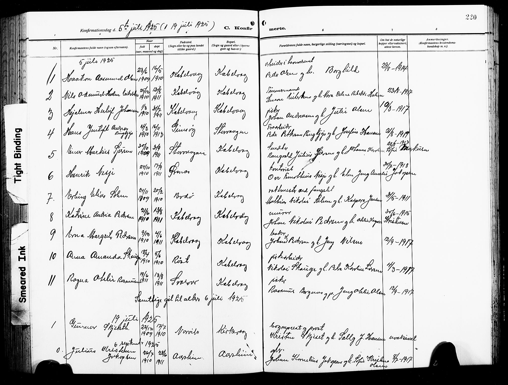 Ministerialprotokoller, klokkerbøker og fødselsregistre - Nordland, AV/SAT-A-1459/874/L1080: Klokkerbok nr. 874C09, 1915-1925, s. 220