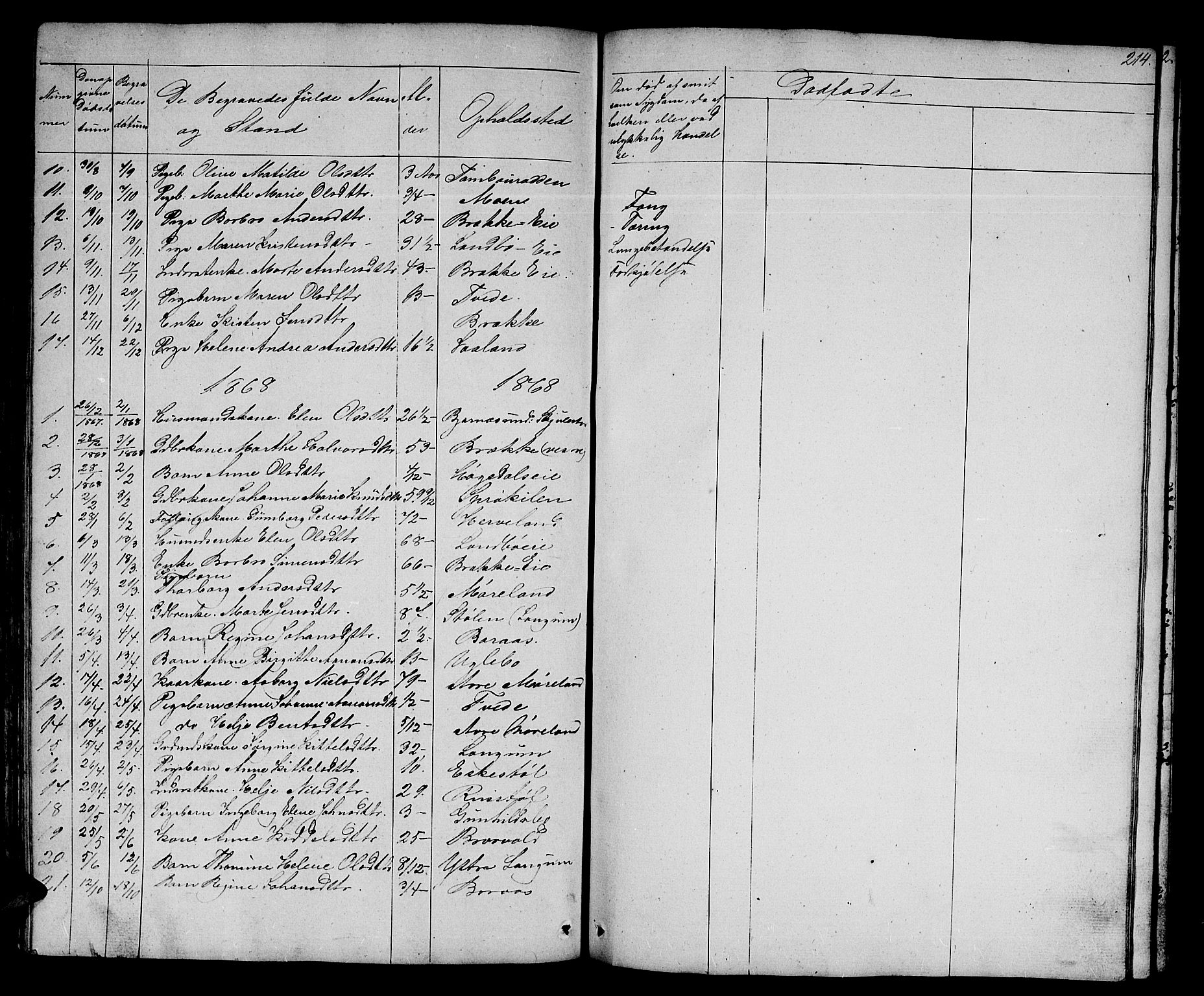 Austre Moland sokneprestkontor, AV/SAK-1111-0001/F/Fb/Fba/L0001: Klokkerbok nr. B 1, 1842-1868, s. 214