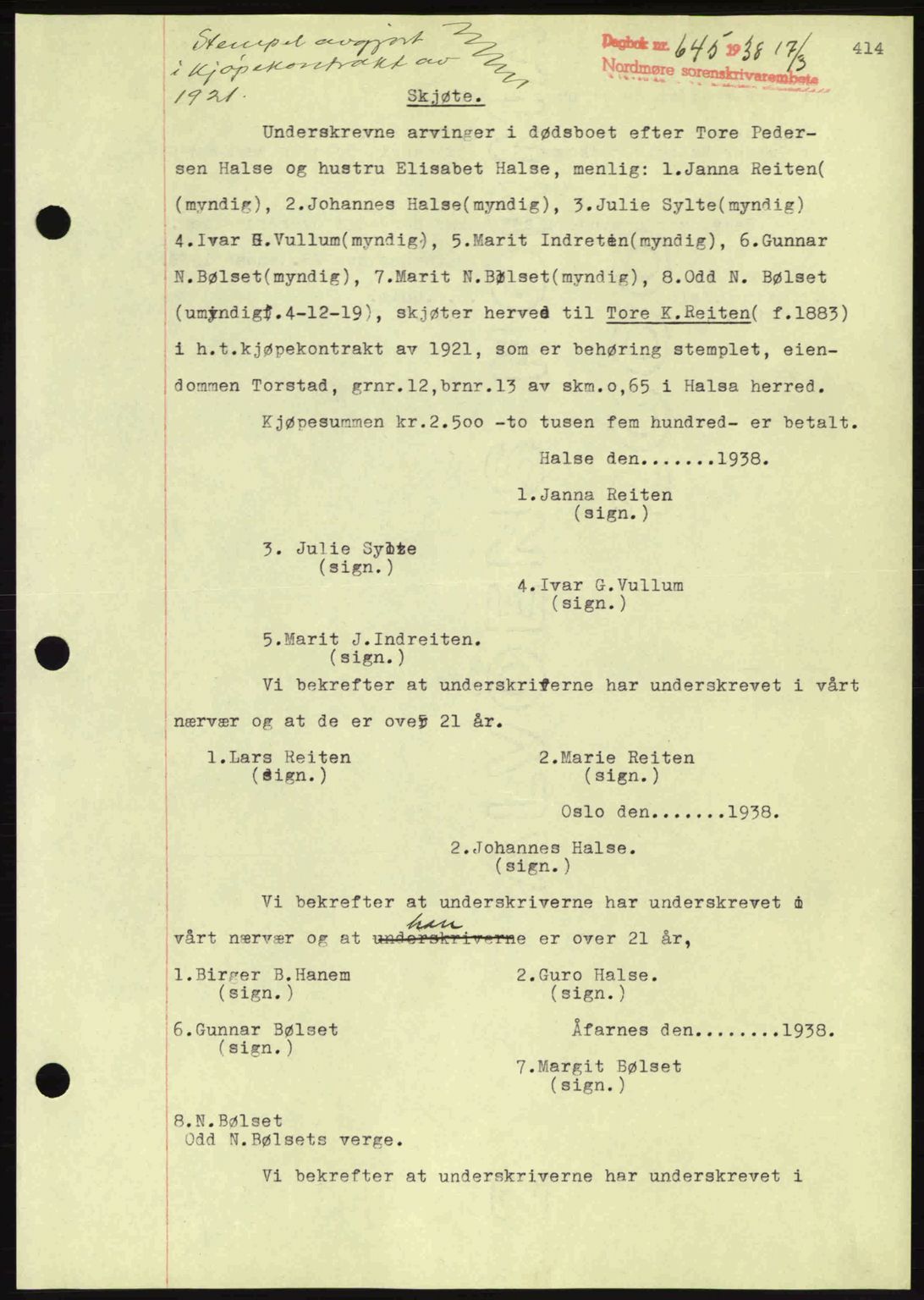 Nordmøre sorenskriveri, SAT/A-4132/1/2/2Ca: Pantebok nr. A83, 1938-1938, Dagboknr: 645/1938