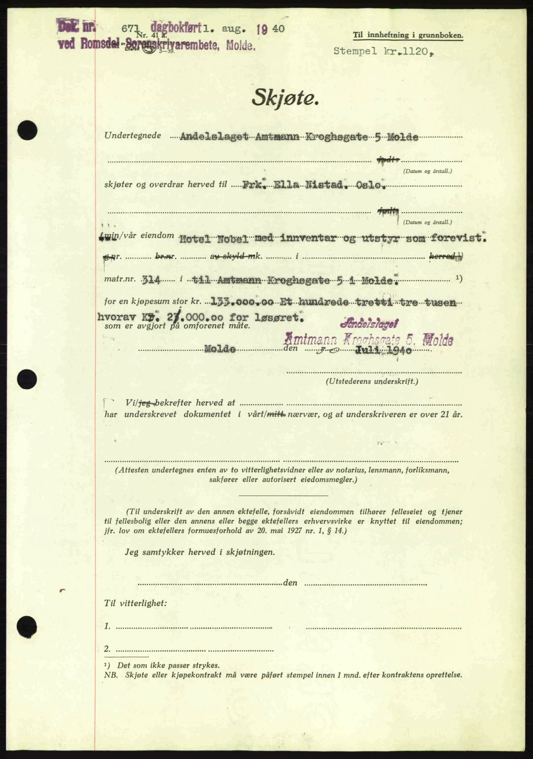 Romsdal sorenskriveri, AV/SAT-A-4149/1/2/2C: Pantebok nr. A8, 1939-1940, Dagboknr: 671/1940