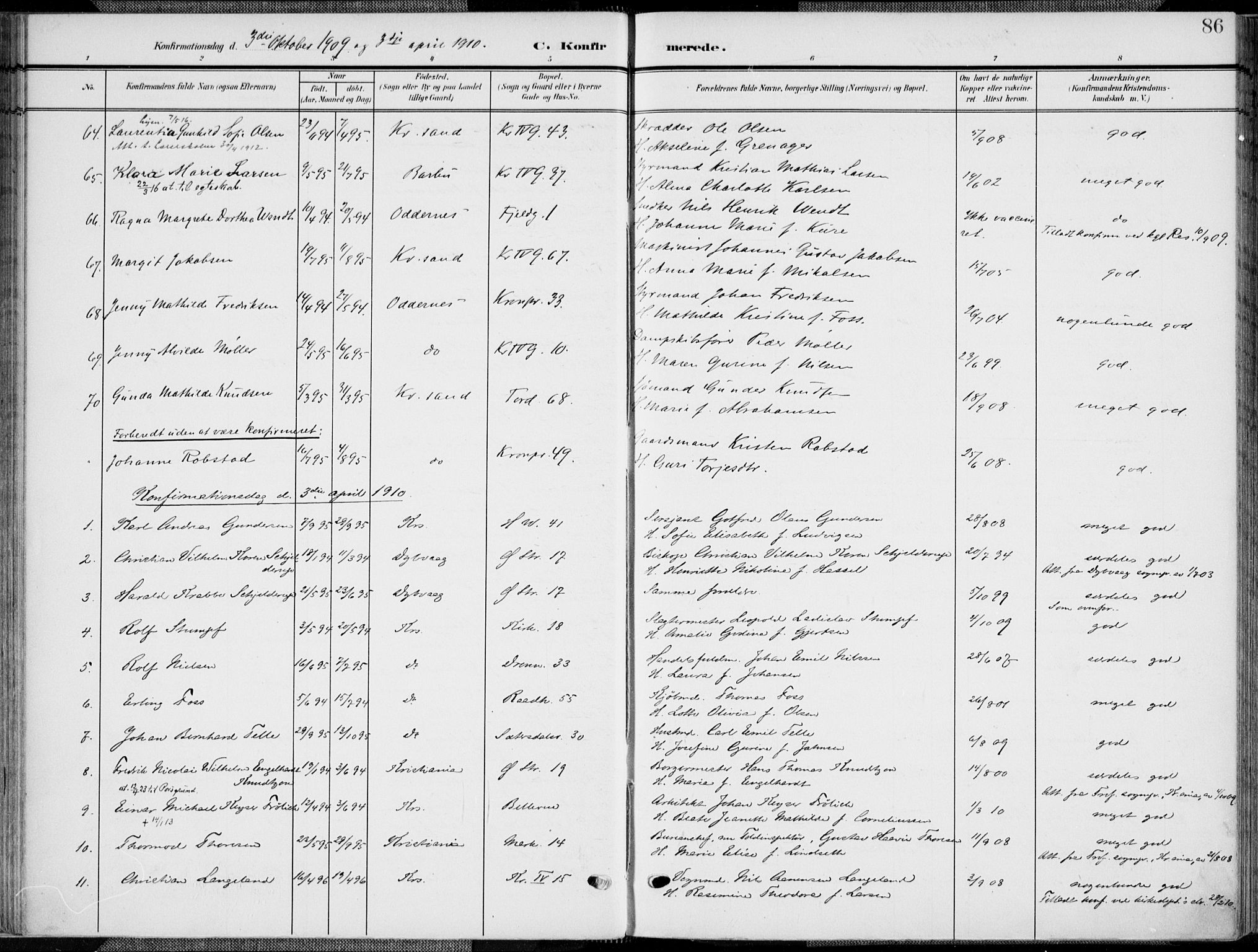 Kristiansand domprosti, AV/SAK-1112-0006/F/Fa/L0022: Ministerialbok nr. A 21, 1905-1916, s. 86