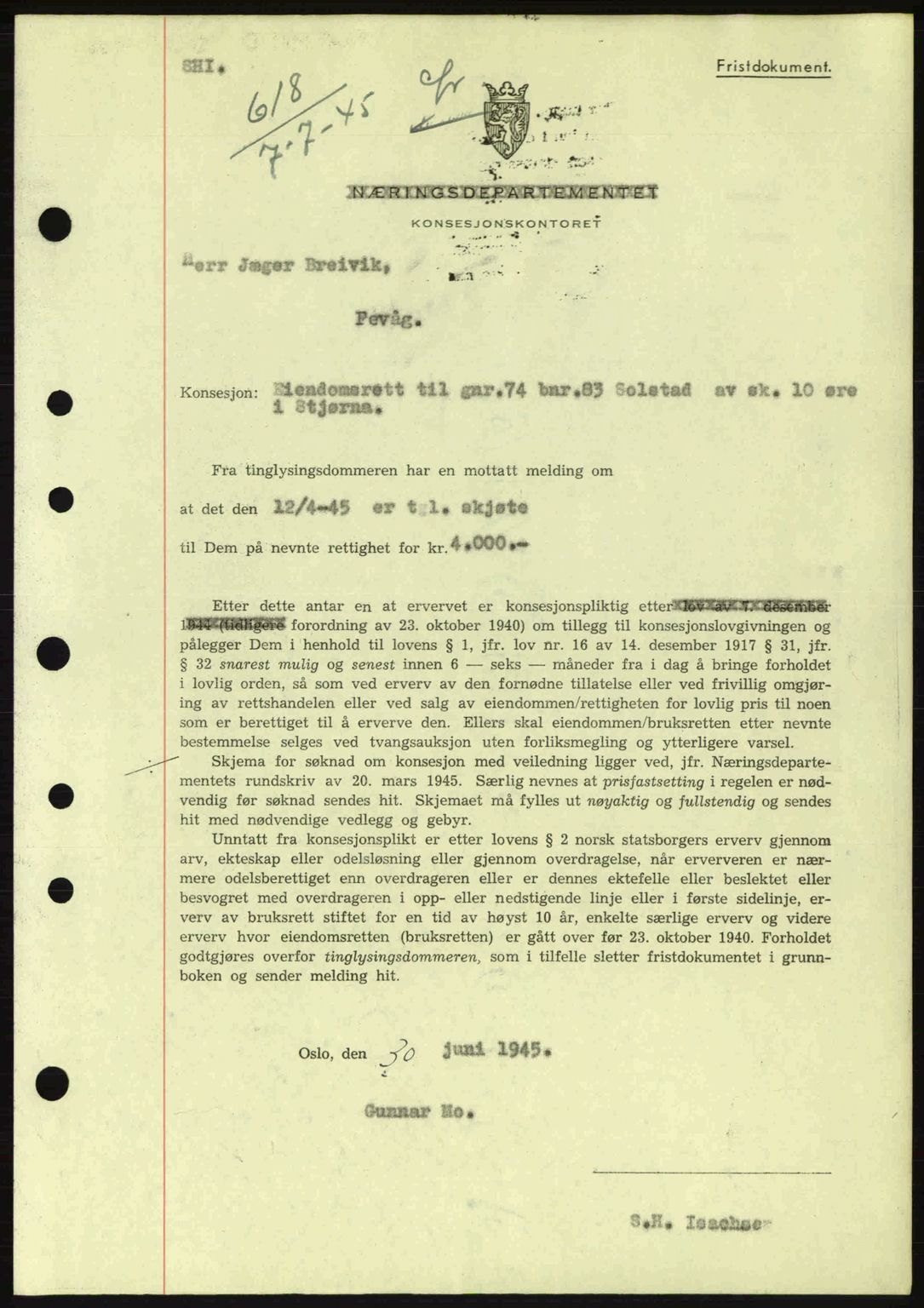 Fosen sorenskriveri, AV/SAT-A-1107/1/2/2C: Pantebok nr. B1, 1943-1945, Dagboknr: 618/1945