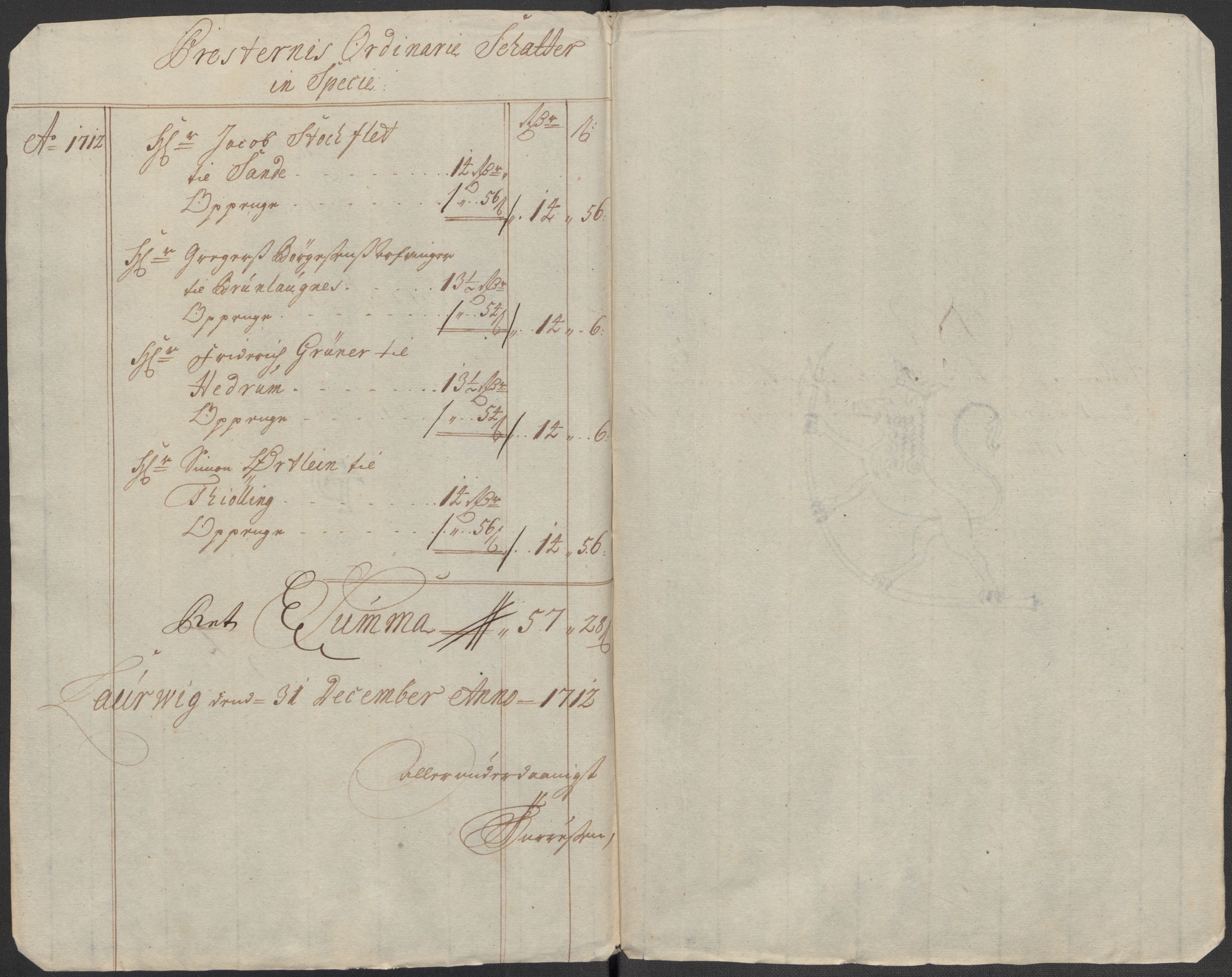 Rentekammeret inntil 1814, Reviderte regnskaper, Fogderegnskap, RA/EA-4092/R33/L1984: Fogderegnskap Larvik grevskap, 1712, s. 172