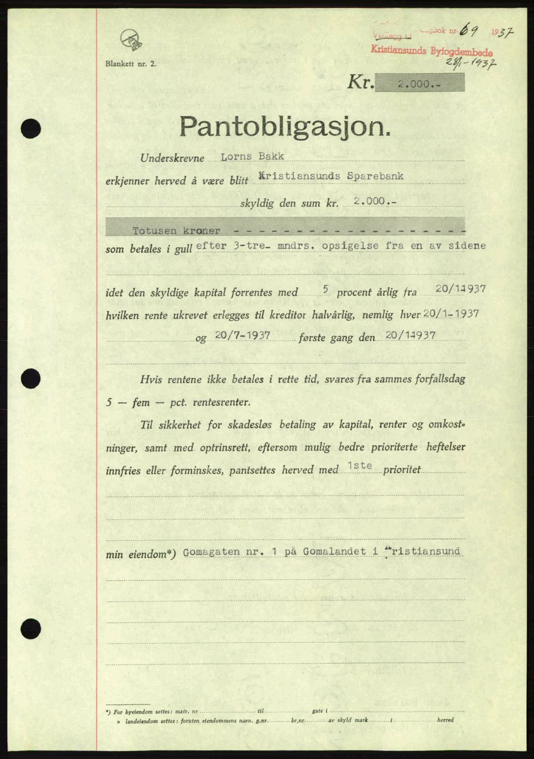 Kristiansund byfogd, AV/SAT-A-4587/A/27: Pantebok nr. 29, 1936-1937, Dagboknr: 69/1937