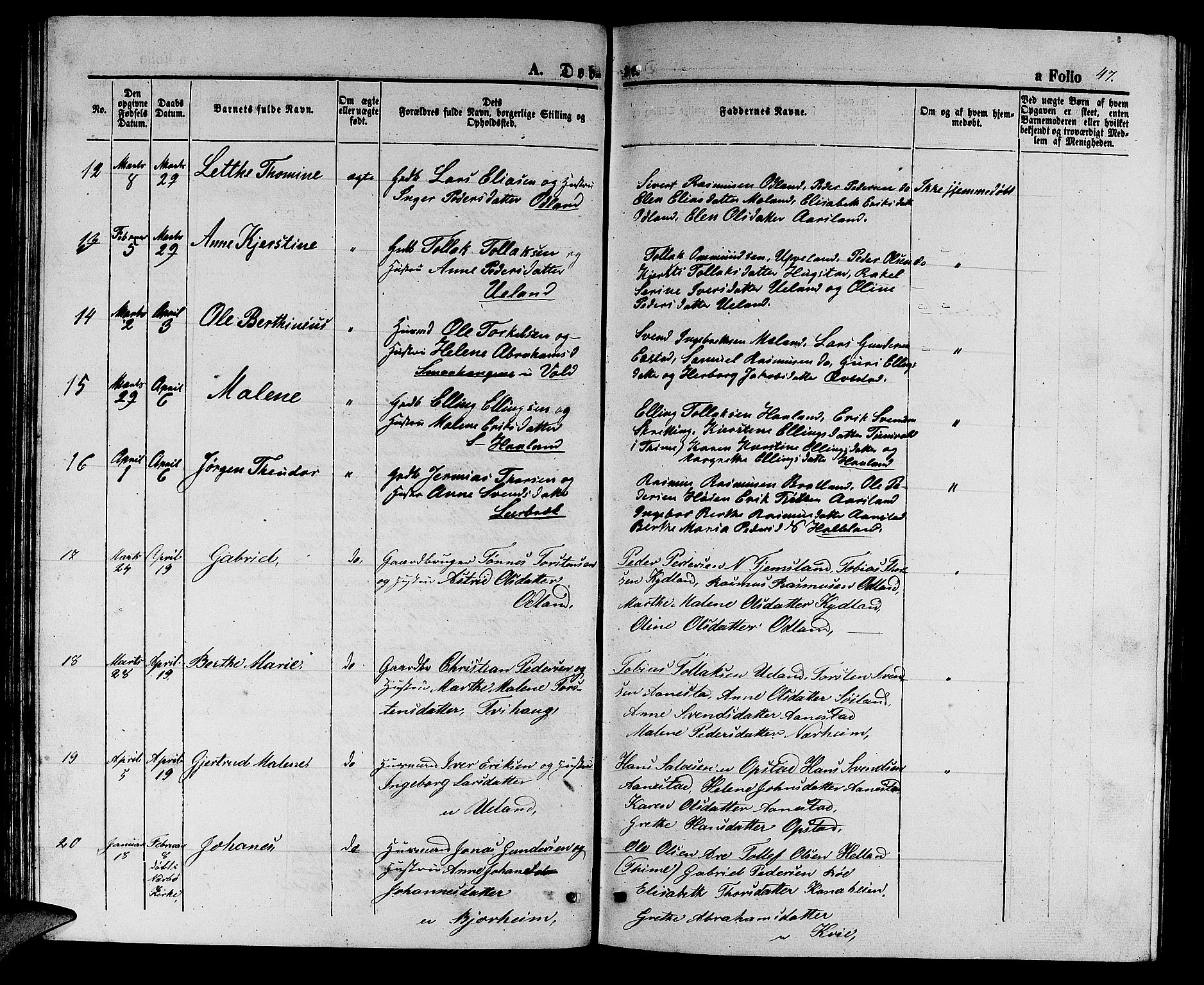 Hå sokneprestkontor, AV/SAST-A-101801/001/30BB/L0002: Klokkerbok nr. B 2, 1854-1883, s. 47