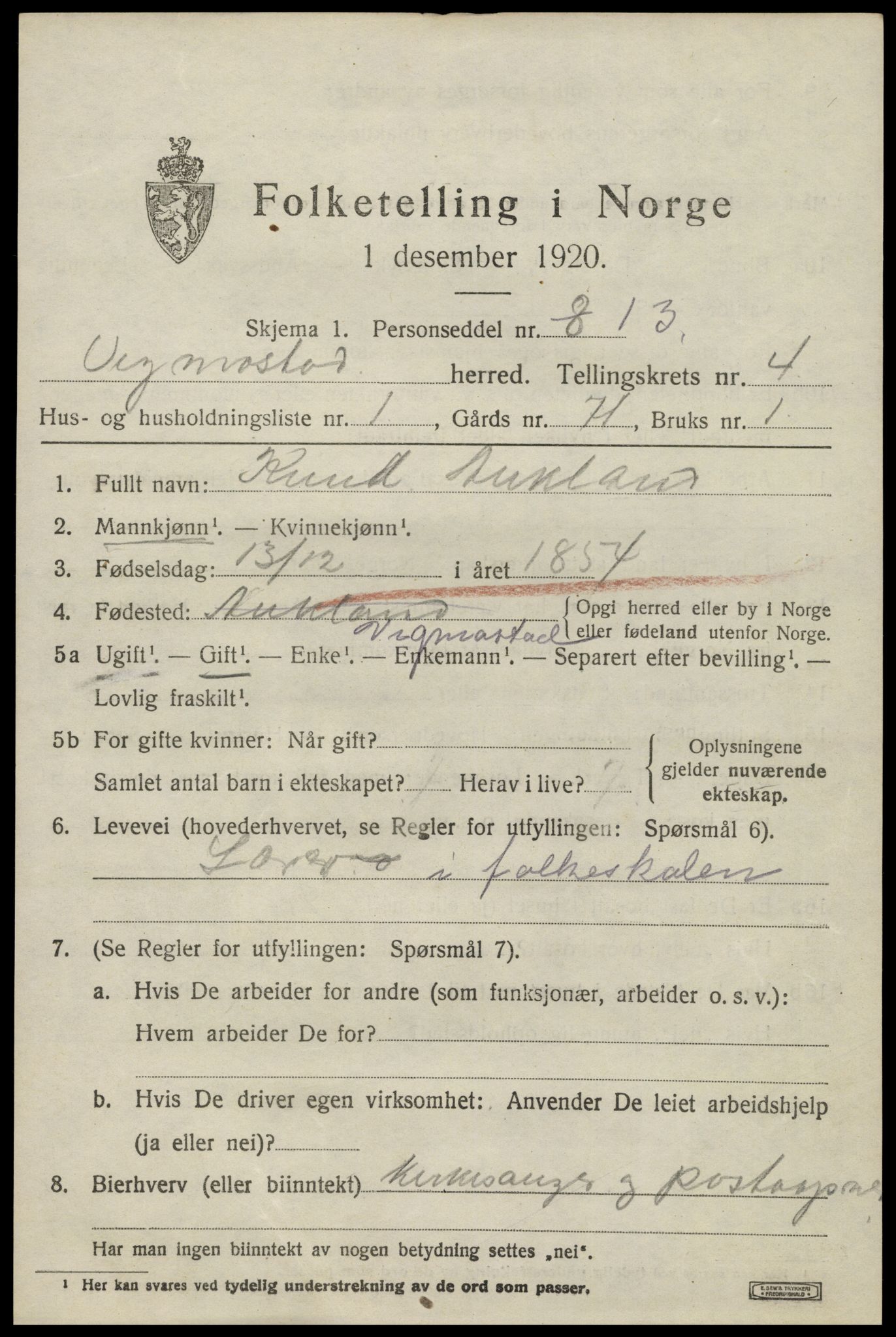 SAK, Folketelling 1920 for 1028 Vigmostad herred, 1920, s. 1197