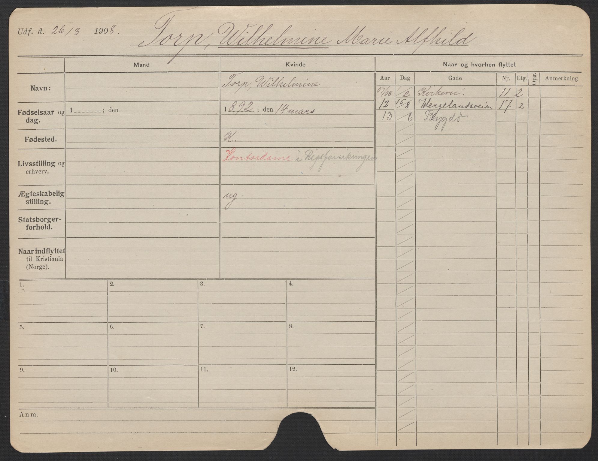 Oslo folkeregister, Registerkort, AV/SAO-A-11715/F/Fa/Fac/L0025: Kvinner, 1906-1914, s. 151a